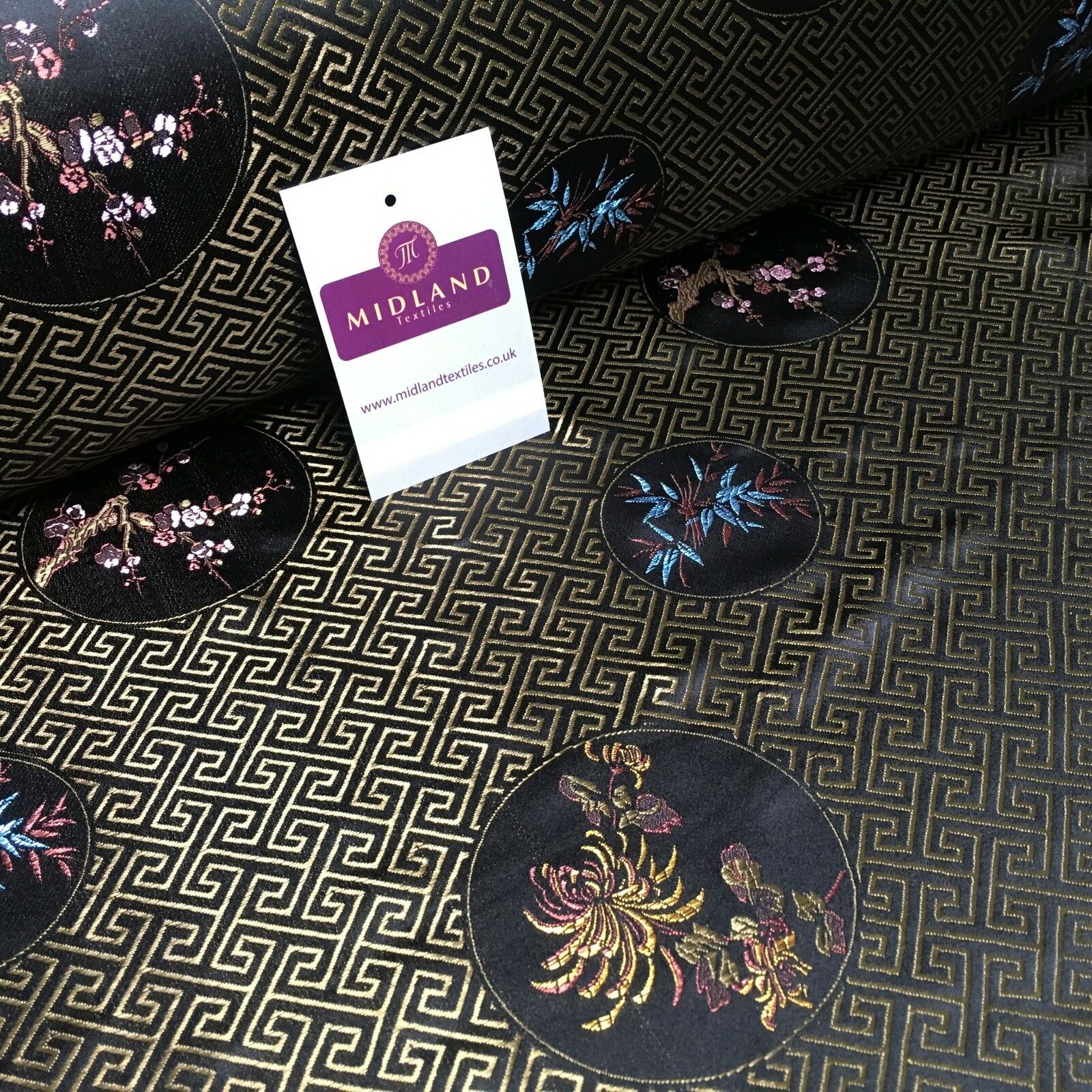 Greek Key Chinese brocade Silky Smooth Satin fabric 45' M663 Mtex