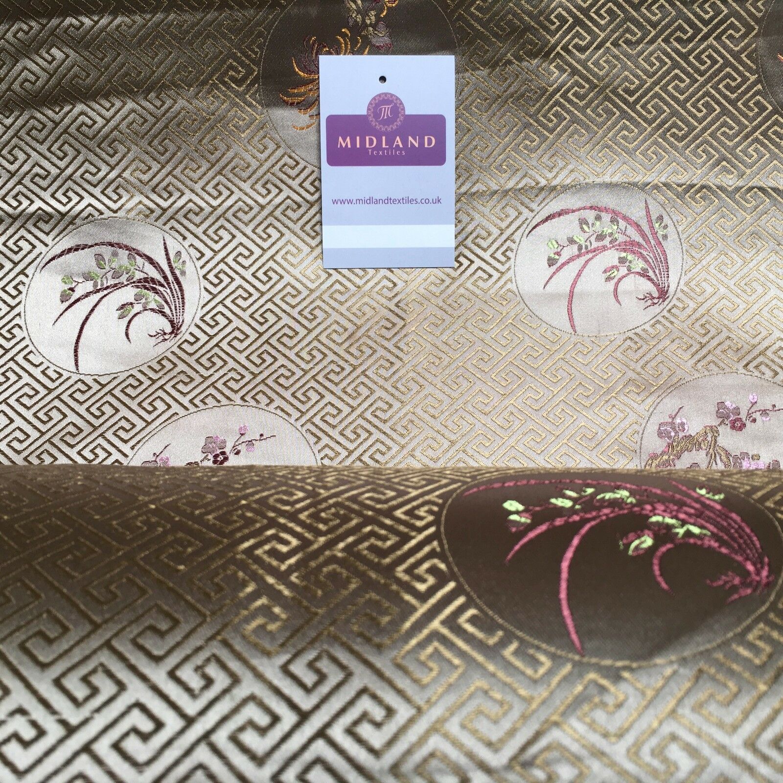 Greek Key Chinese brocade Silky Smooth Satin fabric 45' M663 Mtex