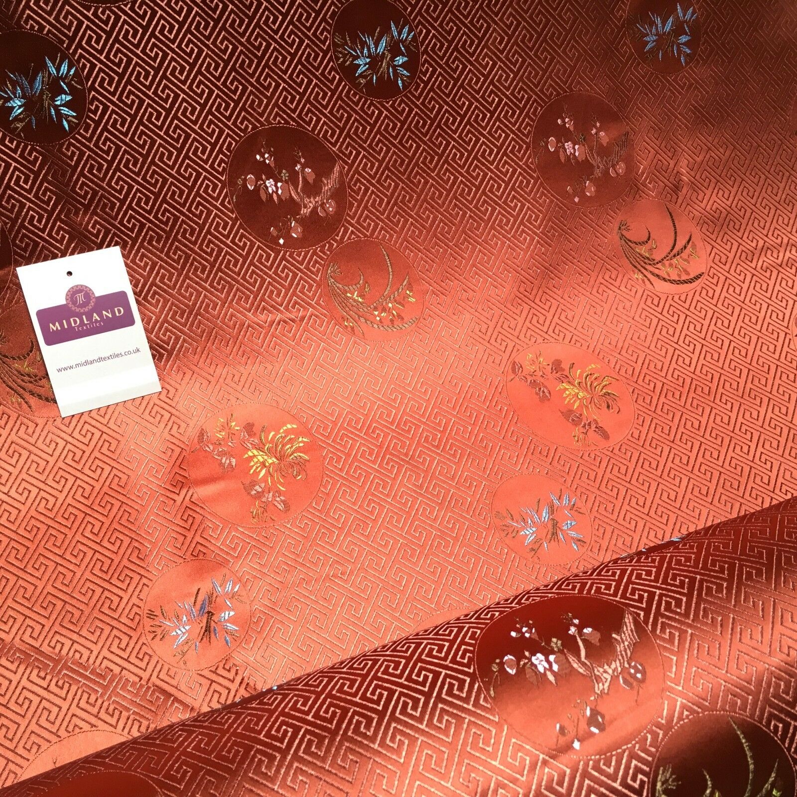 Greek Key Chinese brocade Silky Smooth Satin fabric 45' M663 Mtex