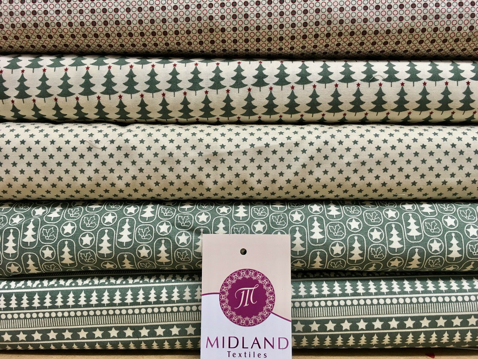 Green Scandi 100% Cotton Christmas themed Patchwork & Crafting  Fabric 45' Mtex