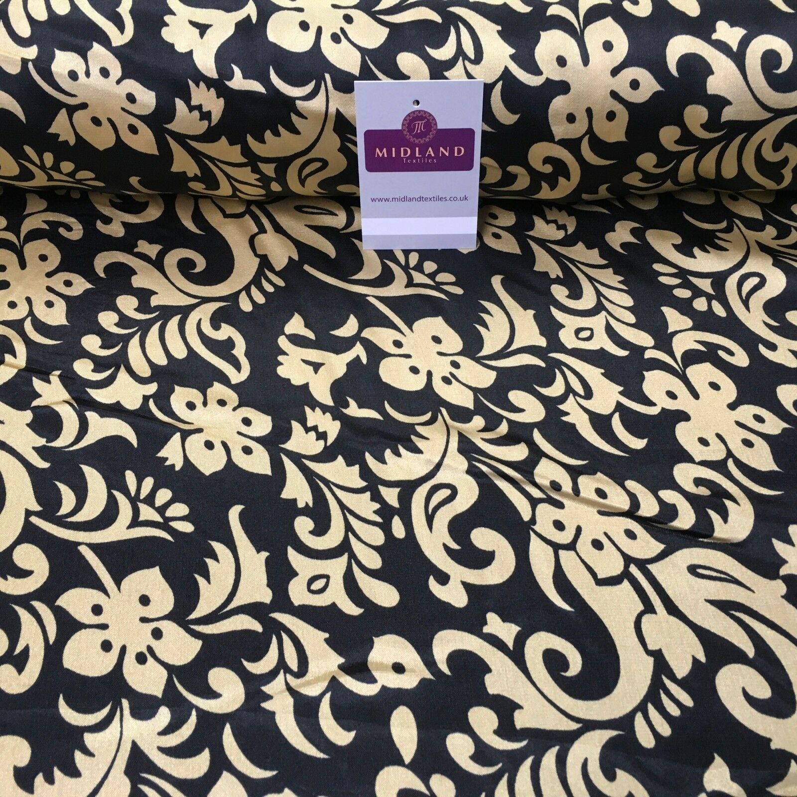 Black & Gold Floral Printed Satin Silky Dress fabric 55' Wide MA1026 Mtex