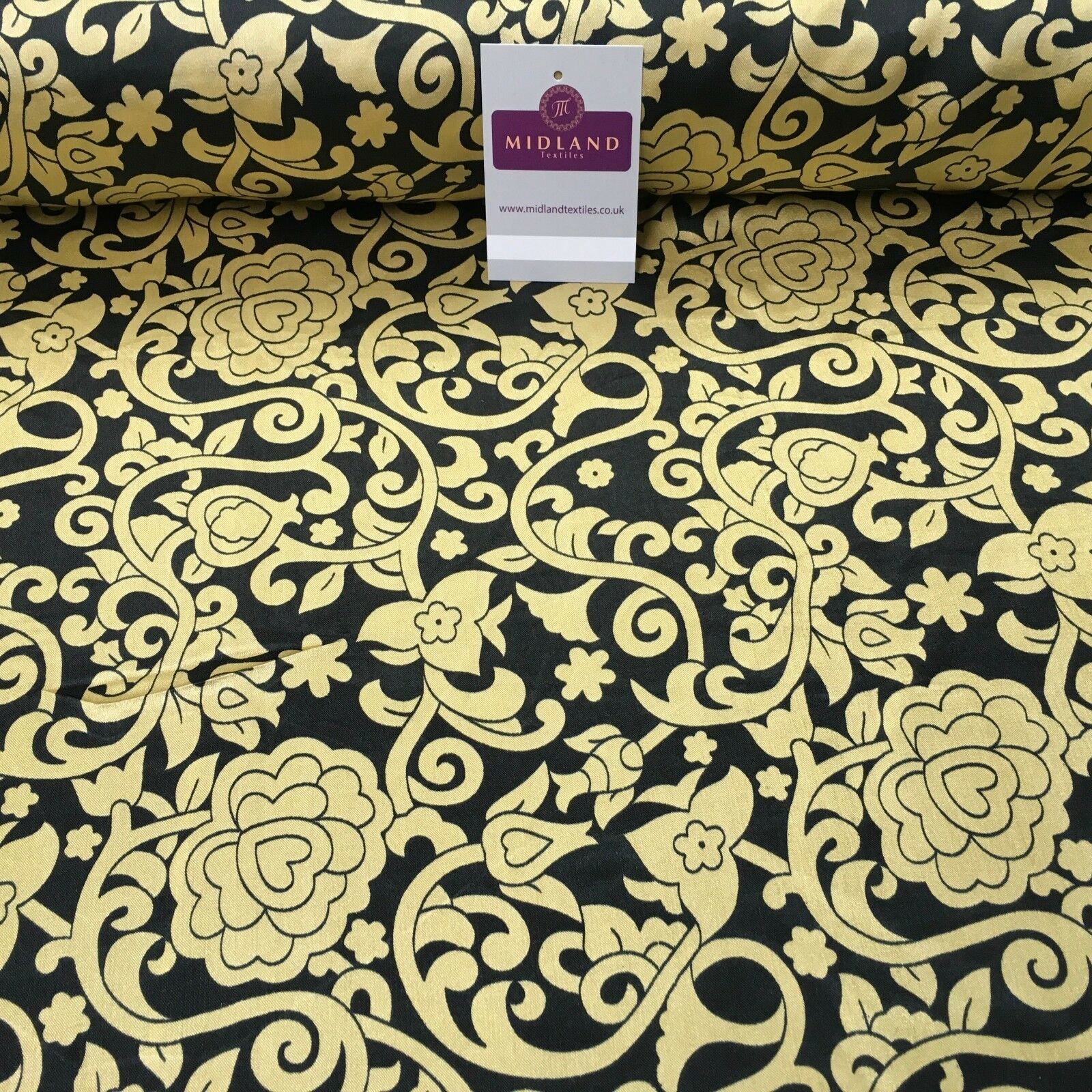 Black & Gold Floral Printed Satin Silky Dress fabric 55' Wide MA1026 Mtex
