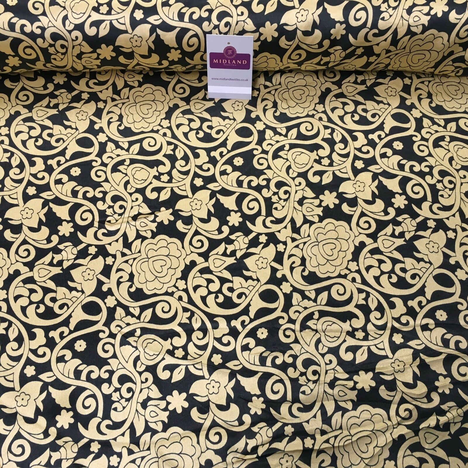 Black & Gold Floral Printed Satin Silky Dress fabric 55' Wide MA1026 Mtex
