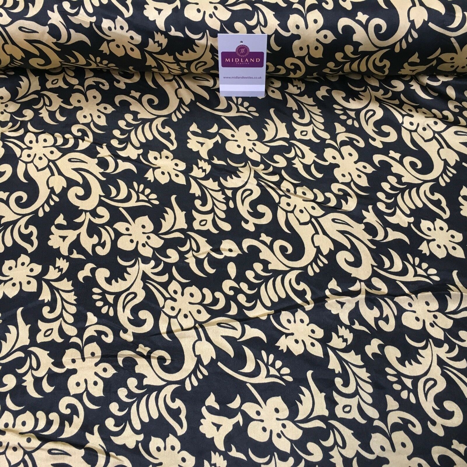 Black & Gold Floral Printed Satin Silky Dress fabric 55' Wide MA1026 Mtex