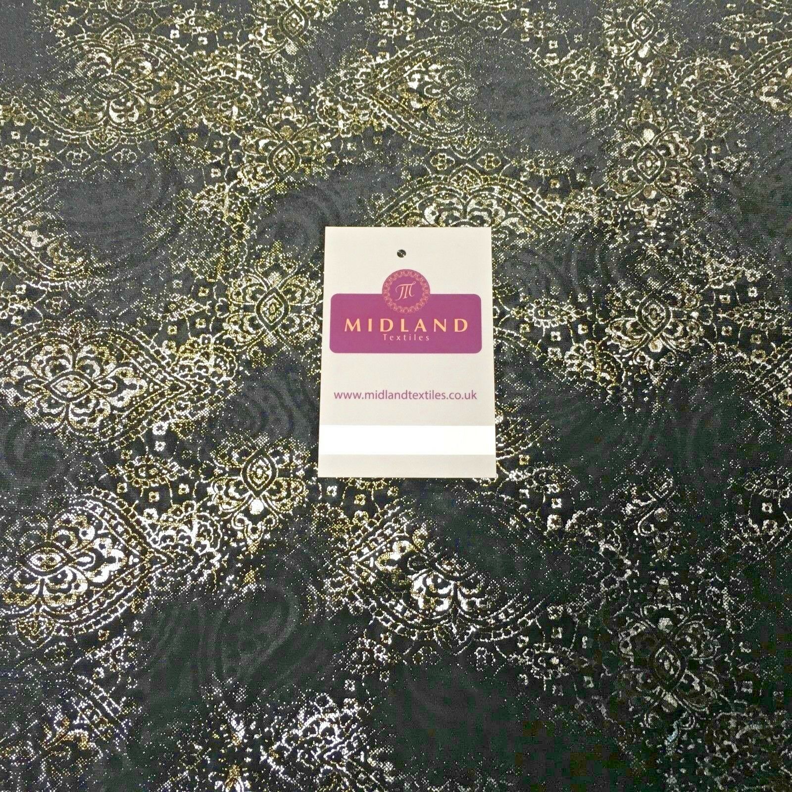 Black Gold Silver Embossed Foil Ornamental Velvet Velour stretch Fabric 58' M971