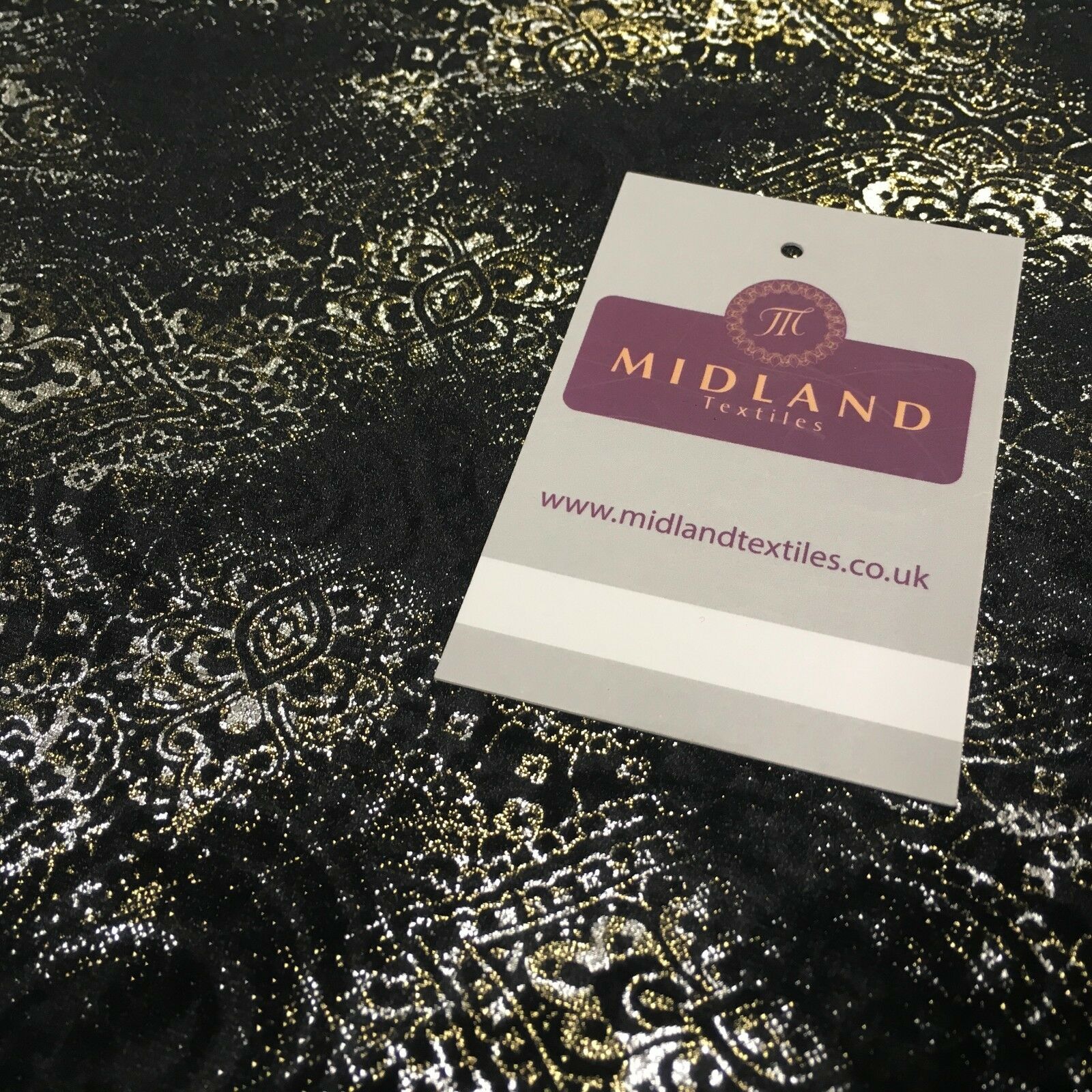 Black Gold Silver Embossed Foil Ornamental Velvet Velour stretch Fabric 58' M971