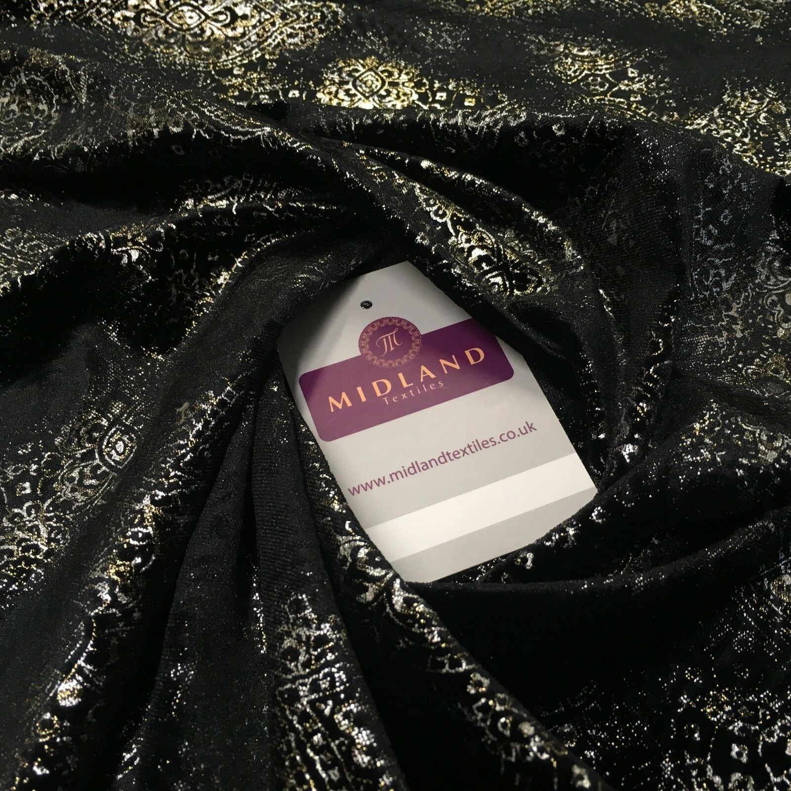 Black Gold Silver Embossed Foil Ornamental Velvet Velour stretch Fabric 58' M971