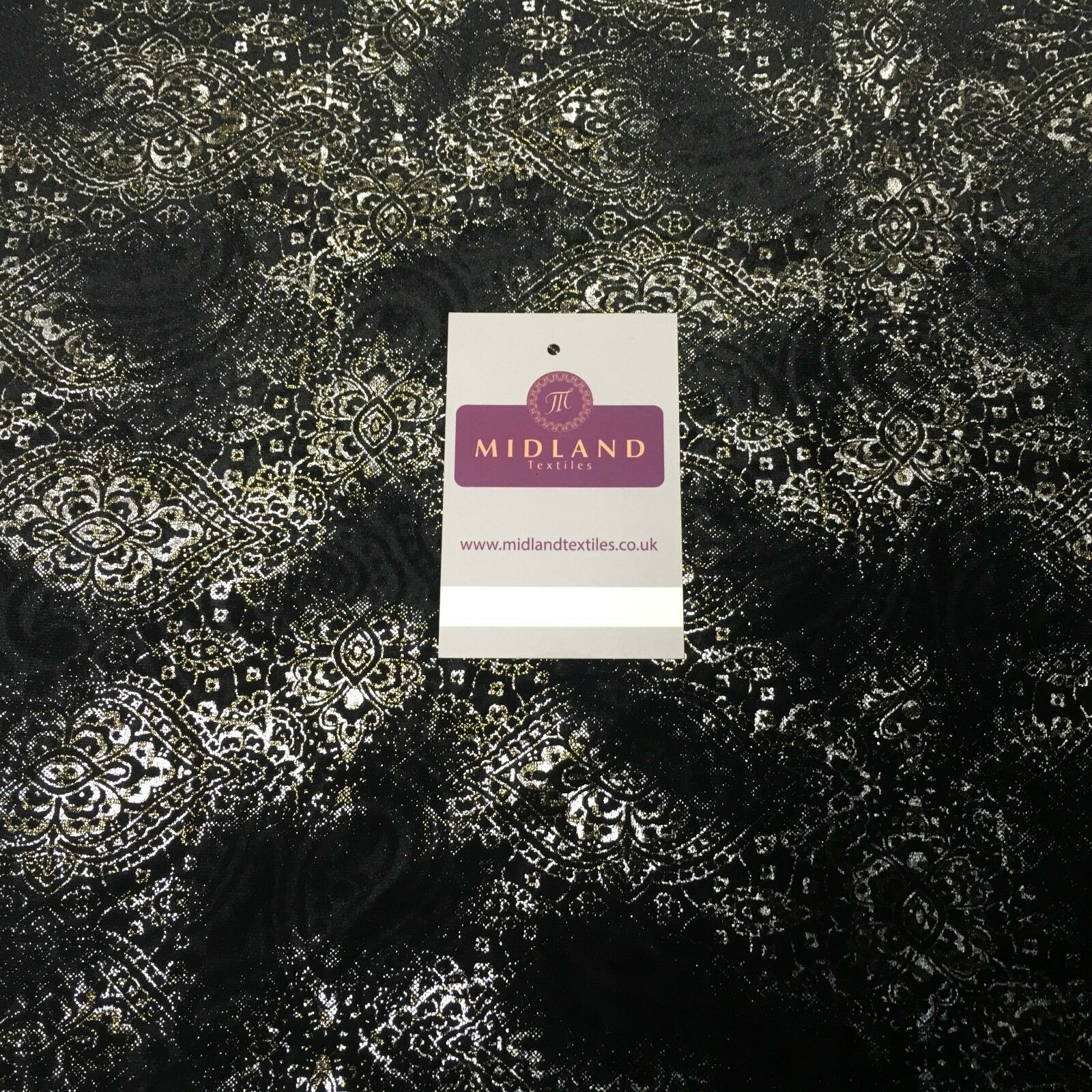 Black Gold Silver Embossed Foil Ornamental Velvet Velour stretch Fabric 58' M971