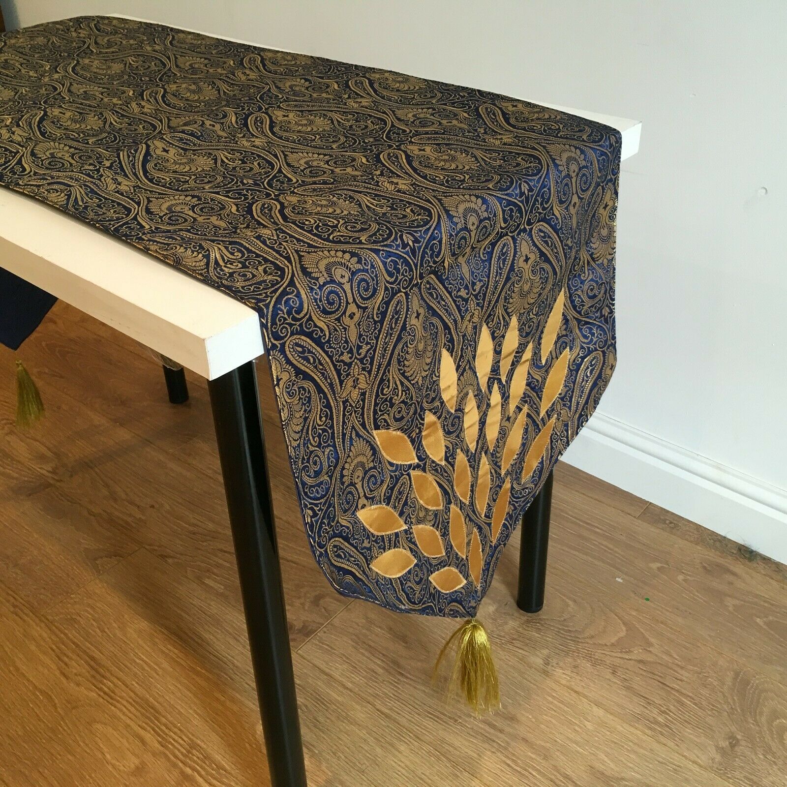 Navy Blue Indian Ornamental banarsi raw silk Cushion Cover Table Runner M1386