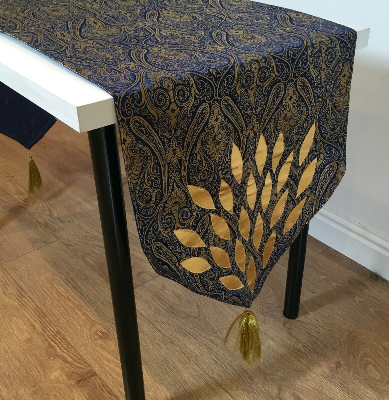 Navy Blue Indian Ornamental banarsi raw silk Cushion Cover Table Runner M1386