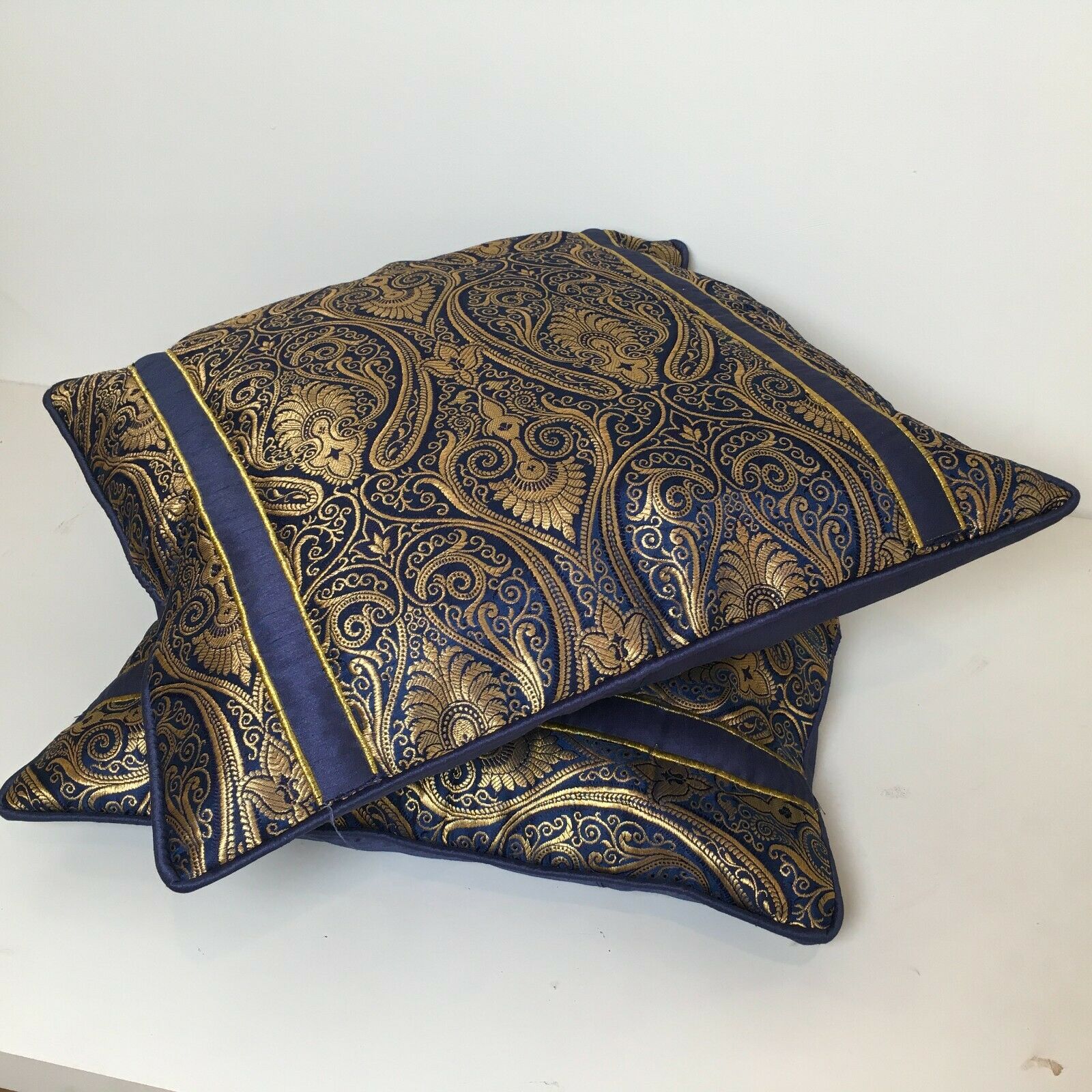 Navy Blue Indian Ornamental banarsi raw silk Cushion Cover Table Runner M1386