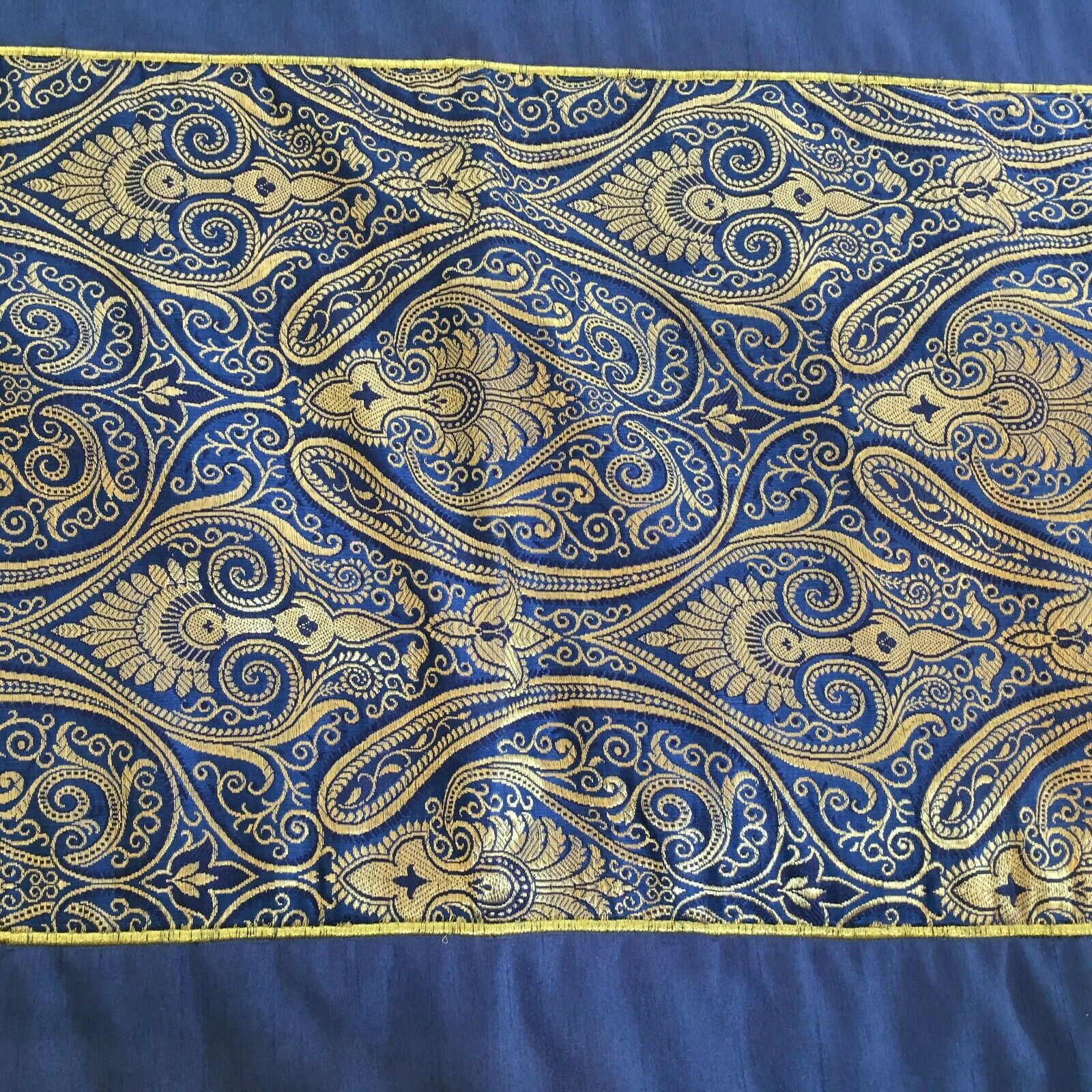 Navy Blue Indian Ornamental banarsi raw silk Cushion Cover Table Runner M1386