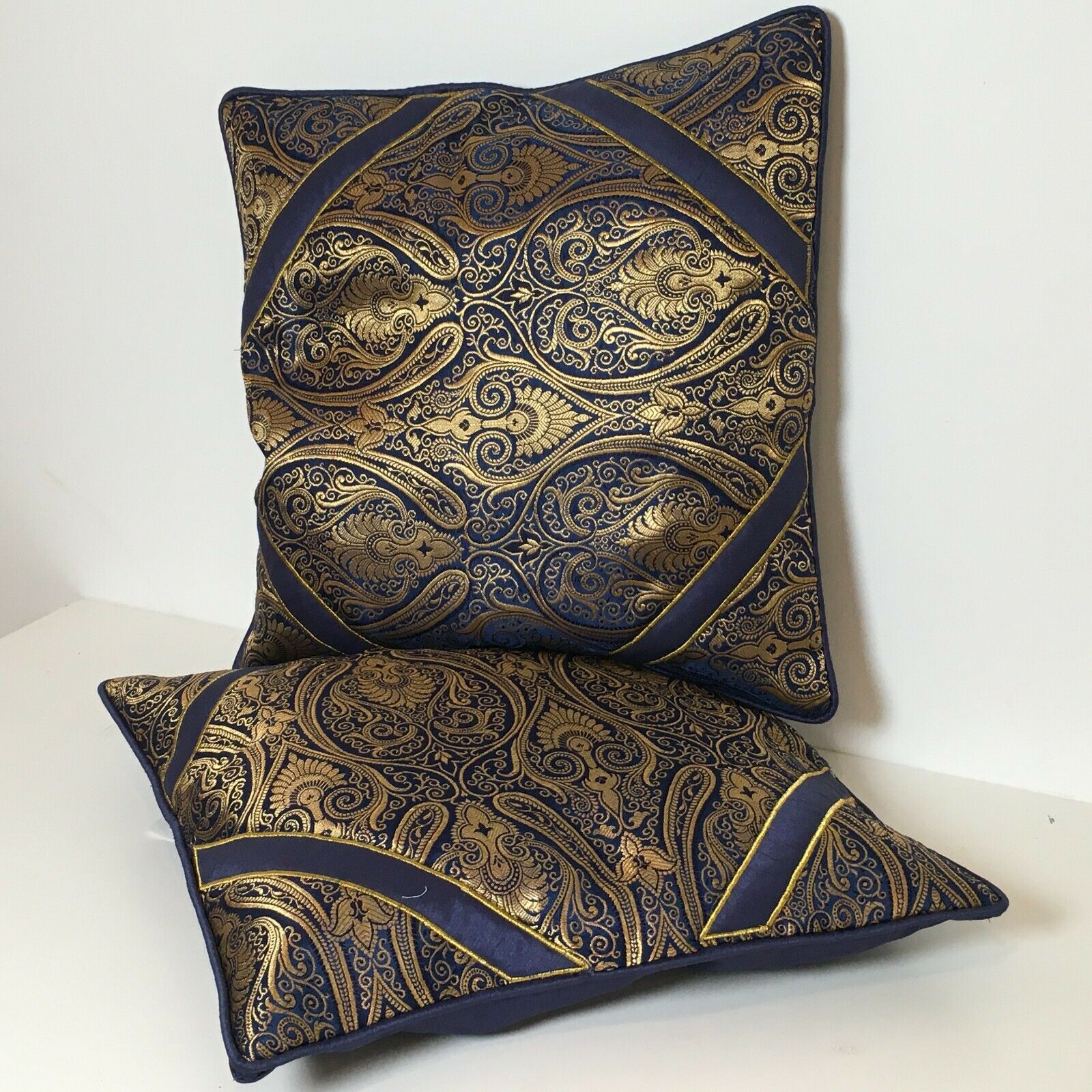 Navy Blue Indian Ornamental banarsi raw silk Cushion Cover Table Runner M1386