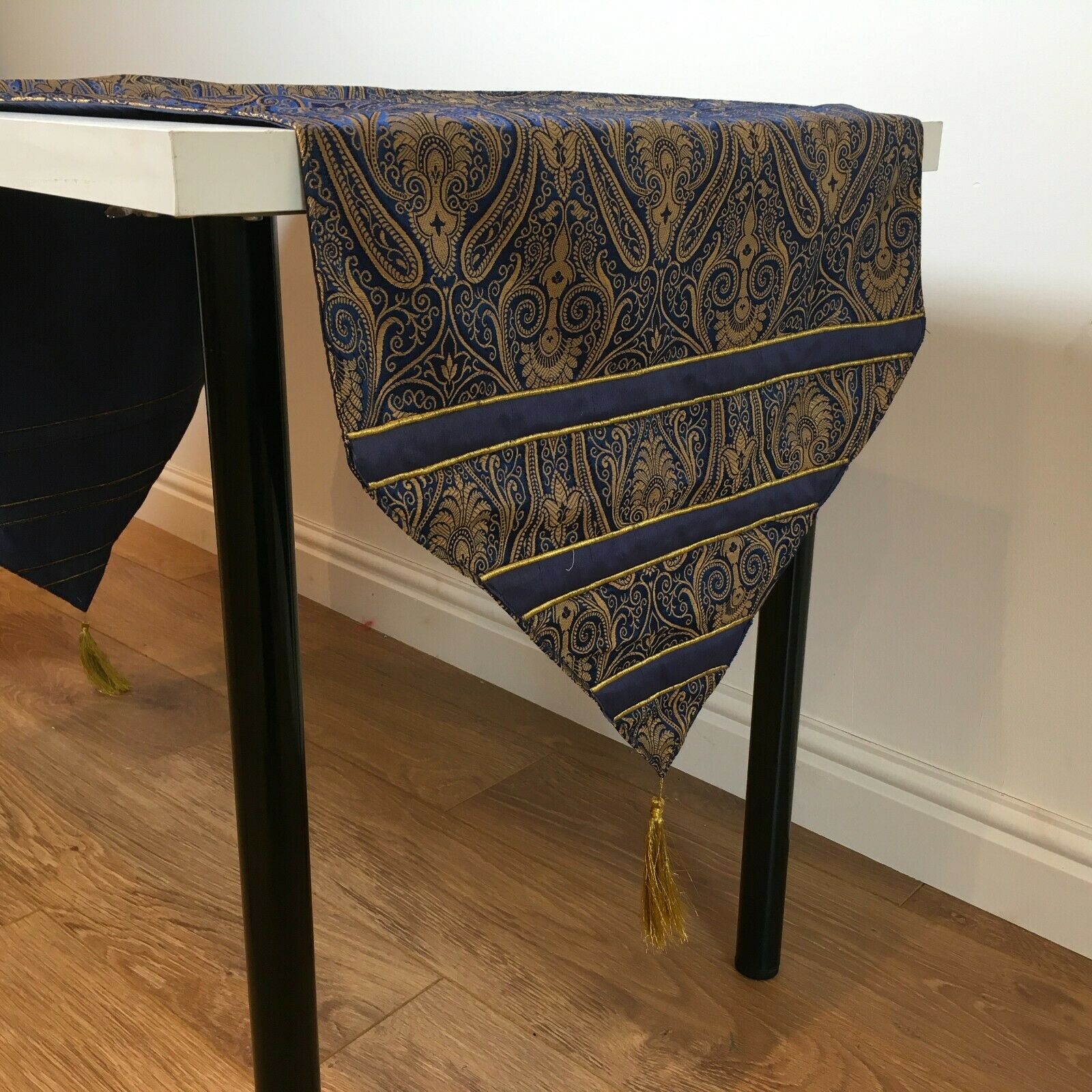 Navy Blue Indian Ornamental banarsi raw silk Cushion Cover Table Runner M1386