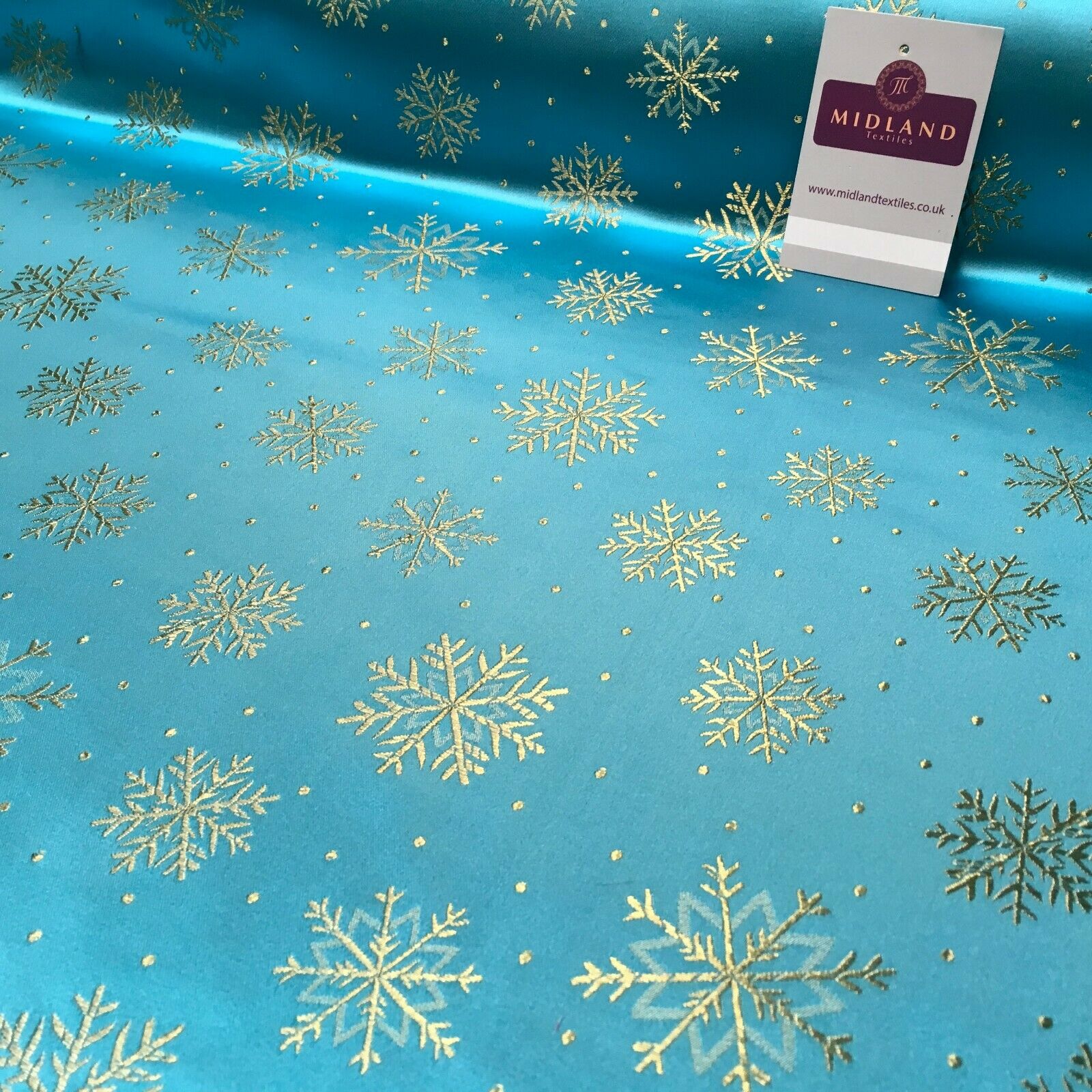 Chinese Turquoise & Gold Snowflake Satin Brocade Dress Fabric 110cm Wide M395-26