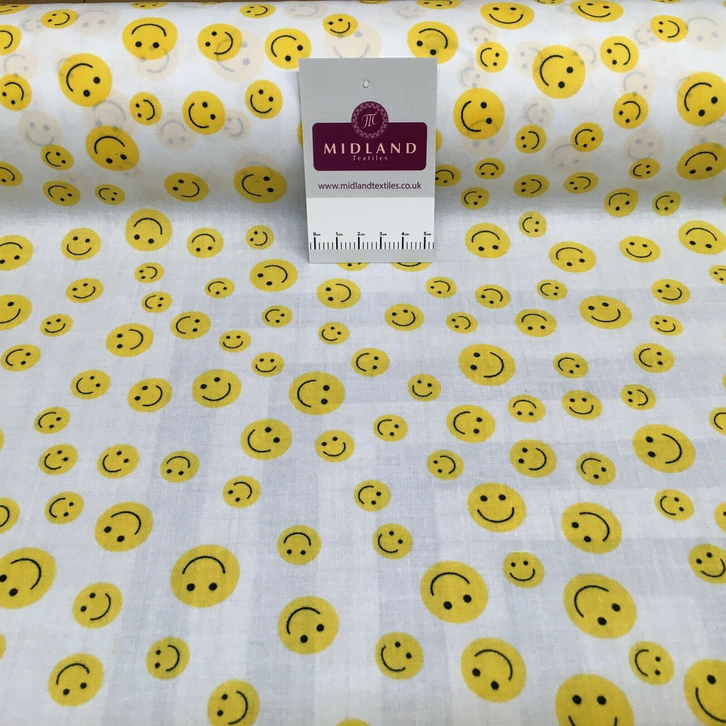 Yellow Smiley Emoji Face Printed Polycotton Mask Fabric 110 cm MD1517 Mtex