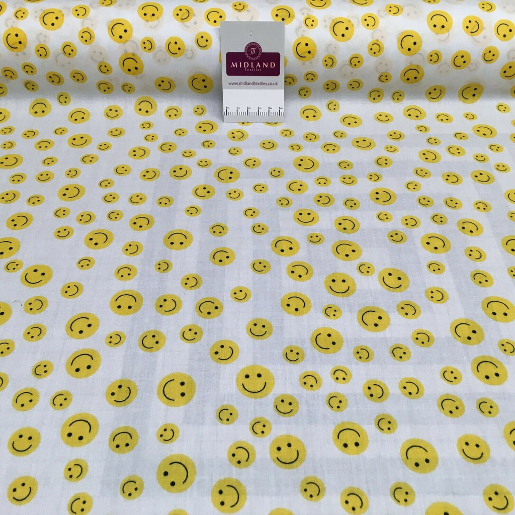 Yellow Smiley Emoji Face Printed Polycotton Mask Fabric 110 cm MD1517 Mtex