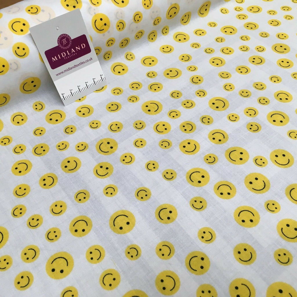 Yellow Smiley Emoji Face Printed Polycotton Mask Fabric 110 cm MD1517 Mtex