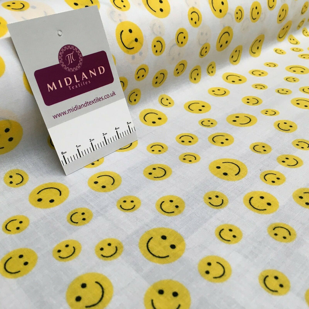 Yellow Smiley Emoji Face Printed Polycotton Mask Fabric 110 cm MD1517 Mtex