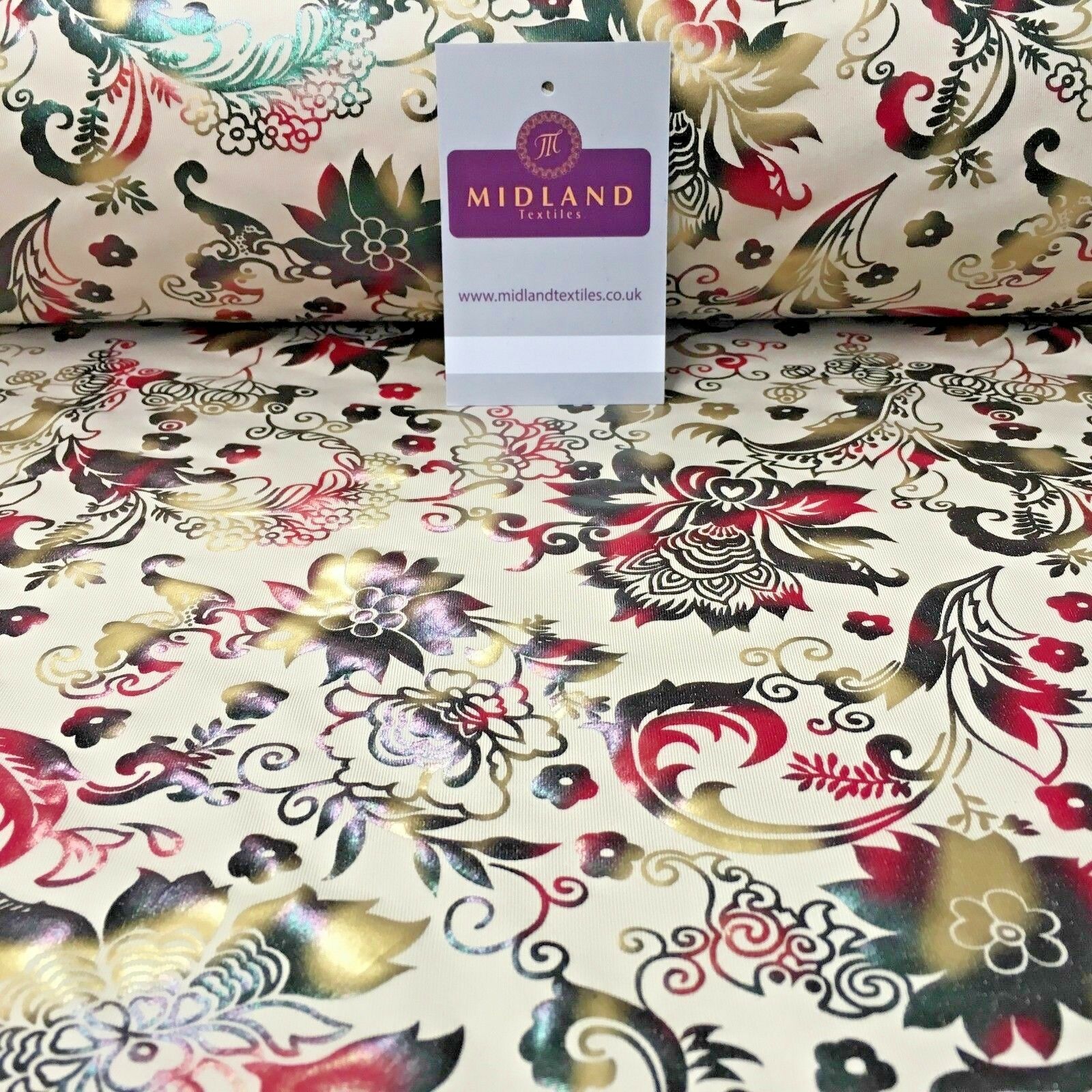Beige Multicoloured Floral Foil Print Spandex Jersey Dress fabric 58' MU1022-1