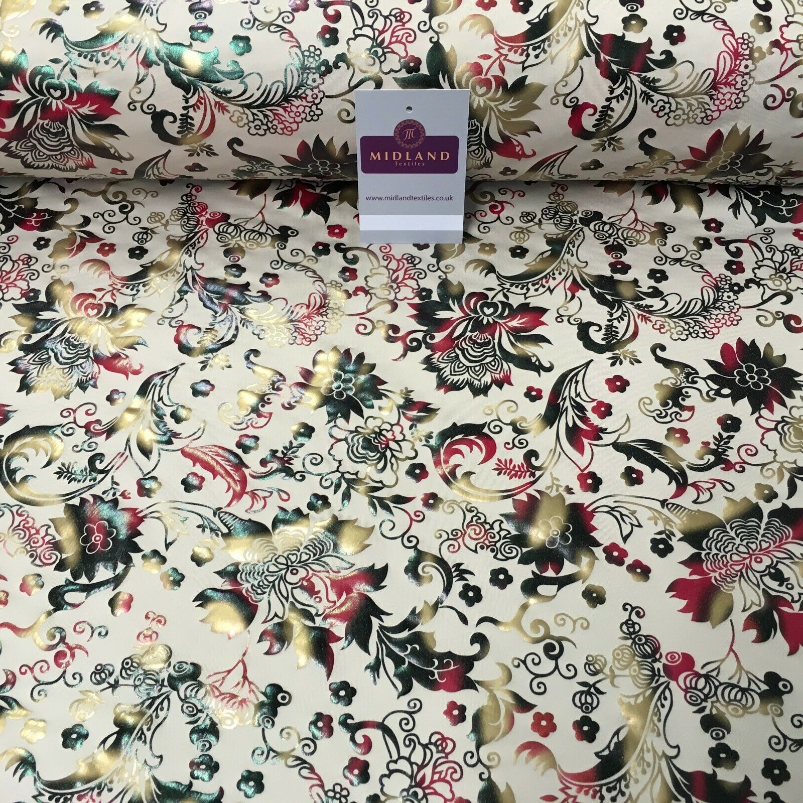 Beige Multicoloured Floral Foil Print Spandex Jersey Dress fabric 58' MU1022-1