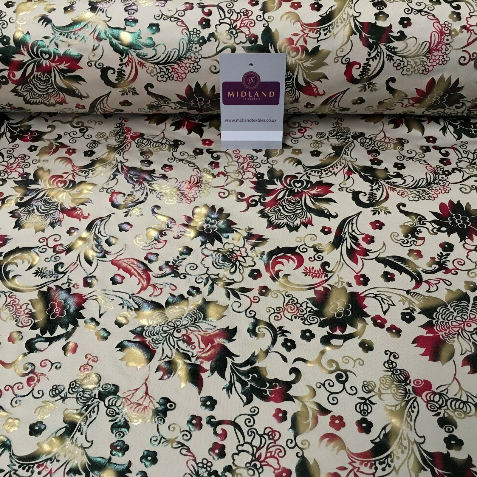 Beige Multicoloured Floral Foil Print Spandex Jersey Dress fabric 58' MU1022-1