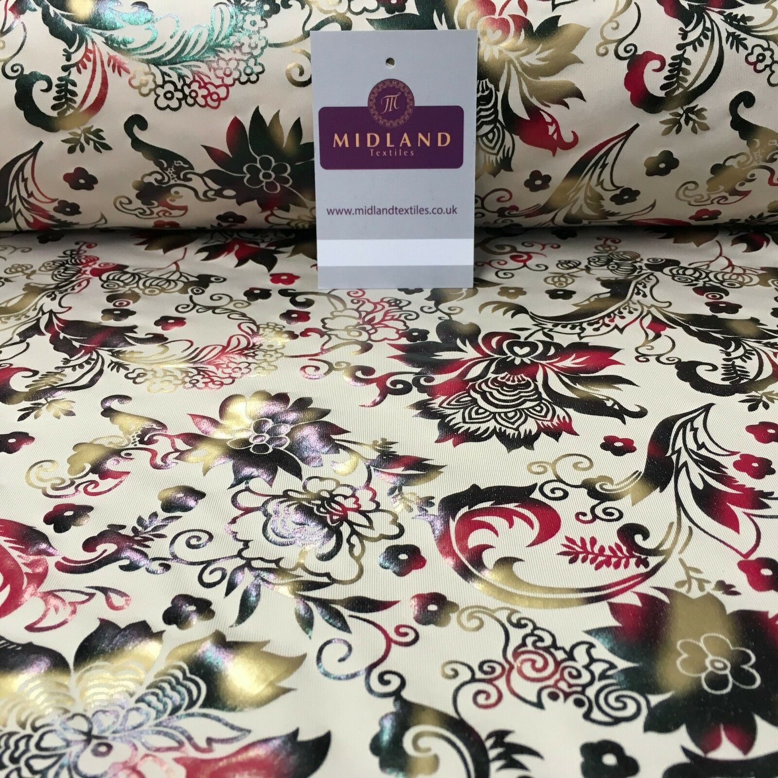 Beige Multicoloured Floral Foil Print Spandex Jersey Dress fabric 58' MU1022-1