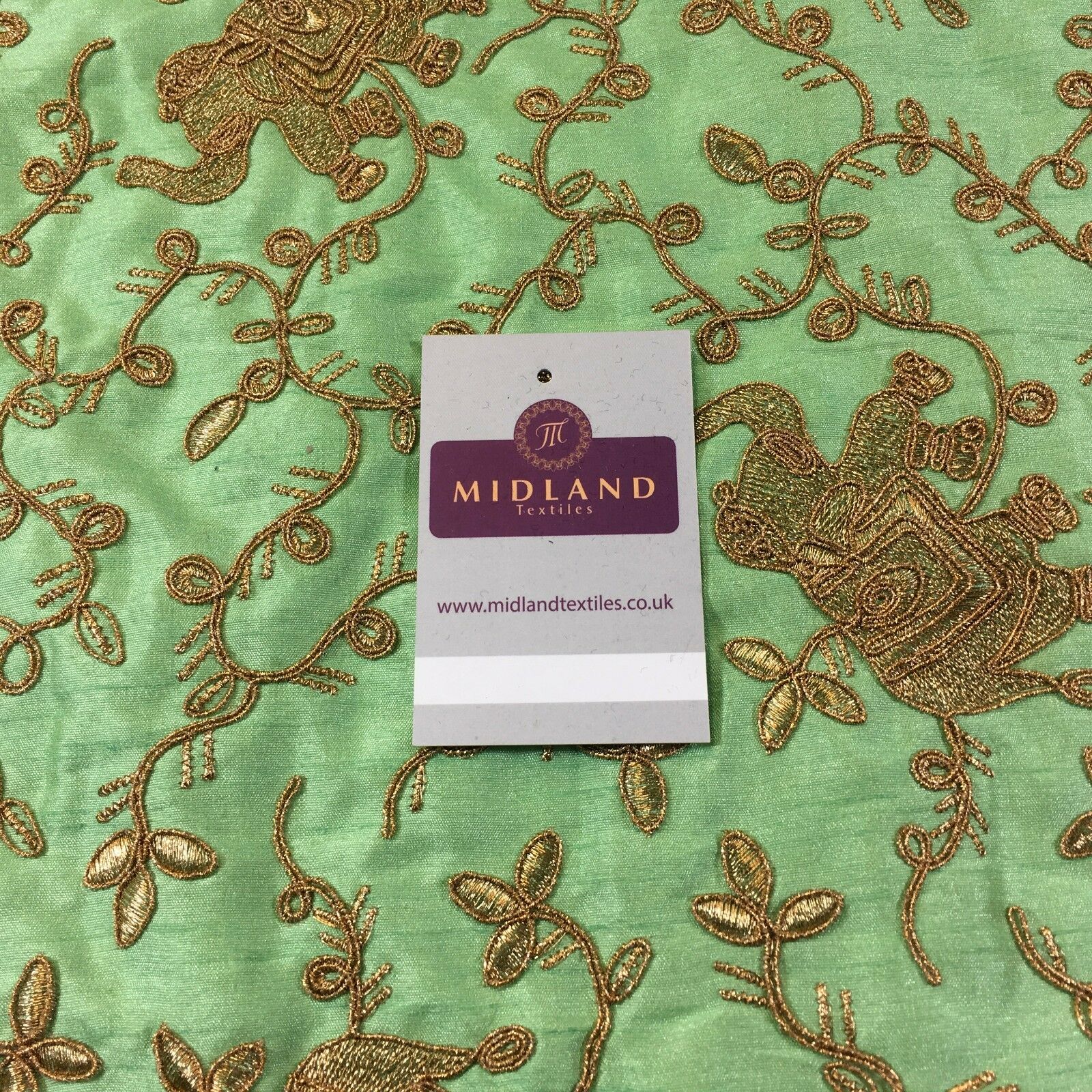 Golden thread Embroidered Elephant Faux Raw Silk dupion fabric 42' M736 Mtex