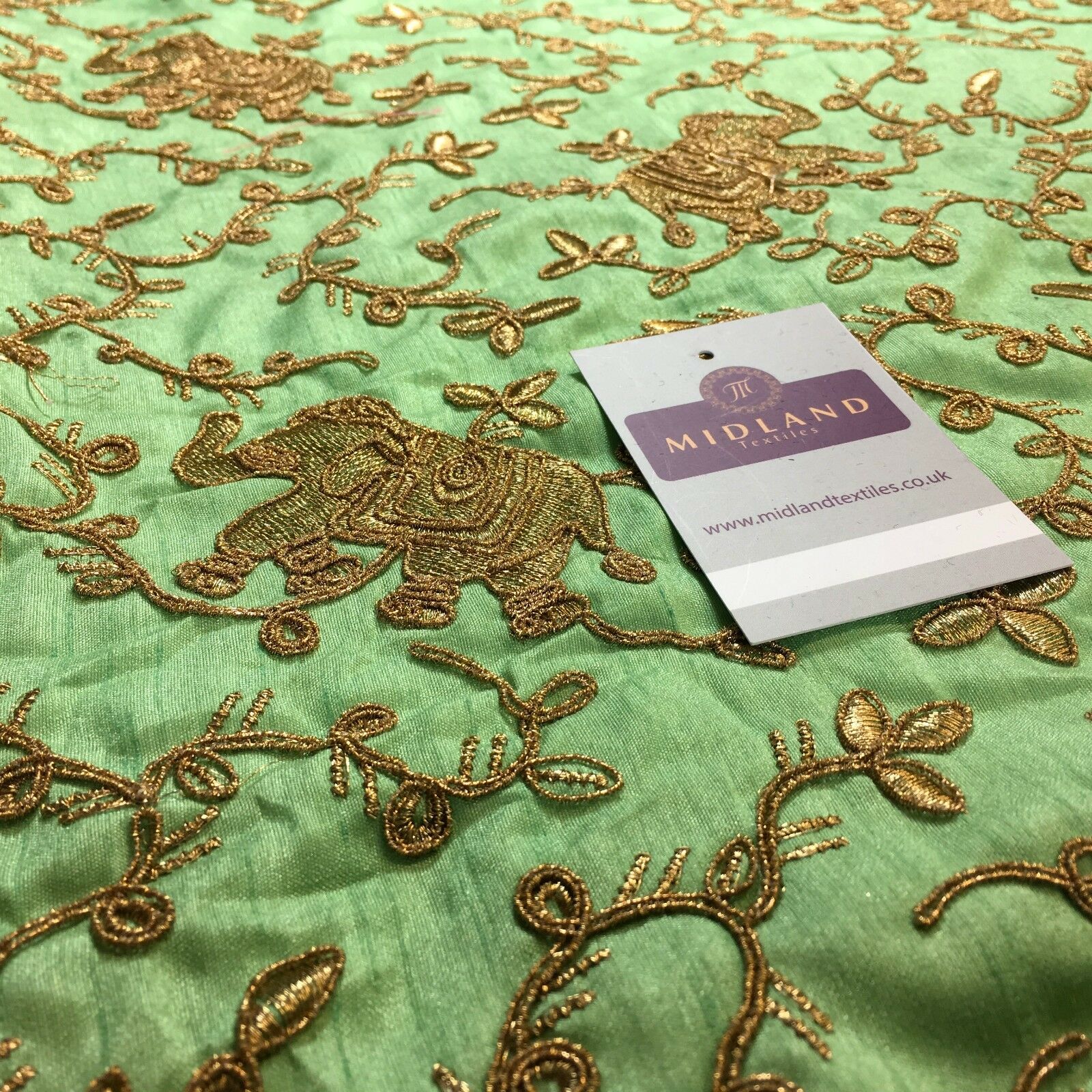 Golden thread Embroidered Elephant Faux Raw Silk dupion fabric 42' M736 Mtex