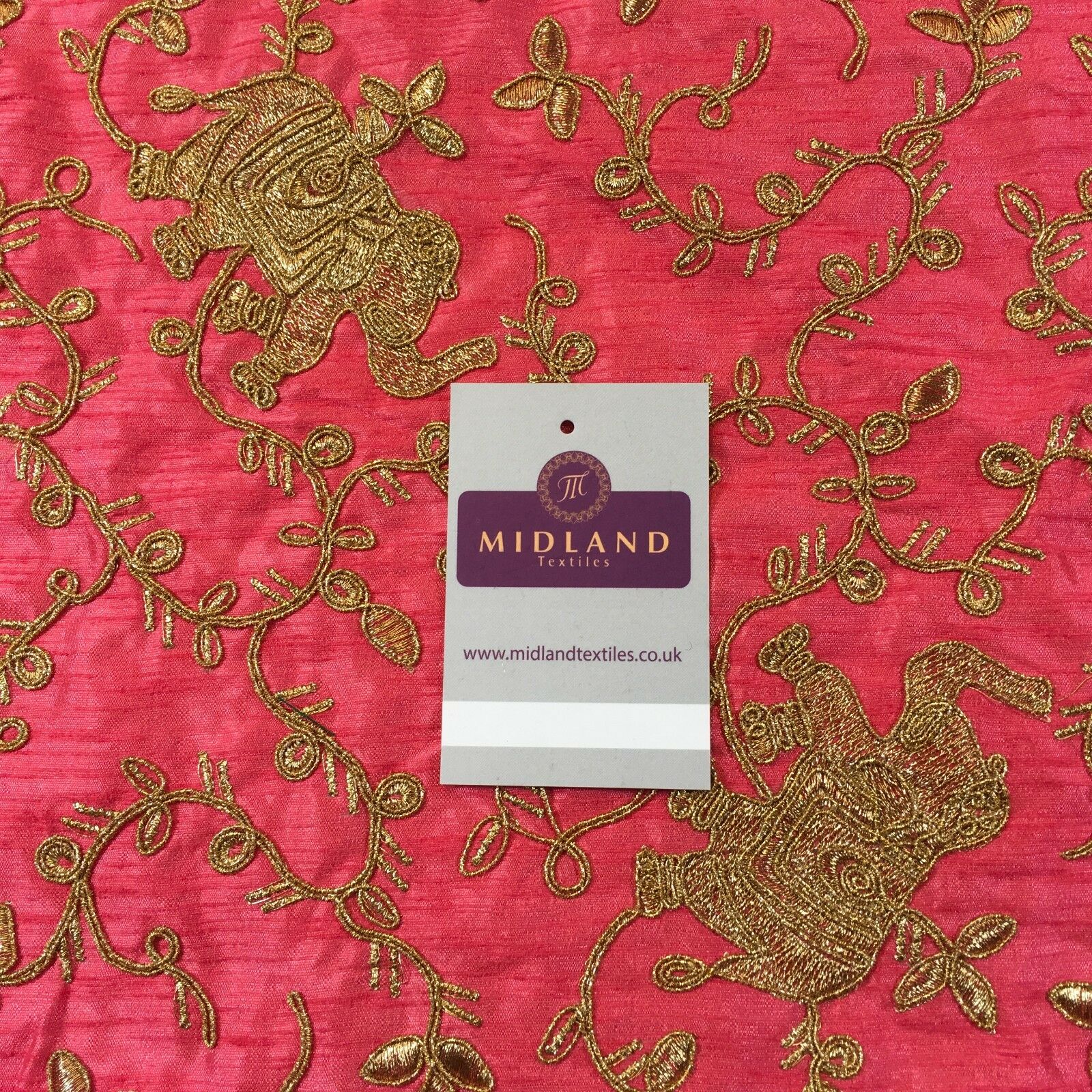 Golden thread Embroidered Elephant Faux Raw Silk dupion fabric 42' M736 Mtex