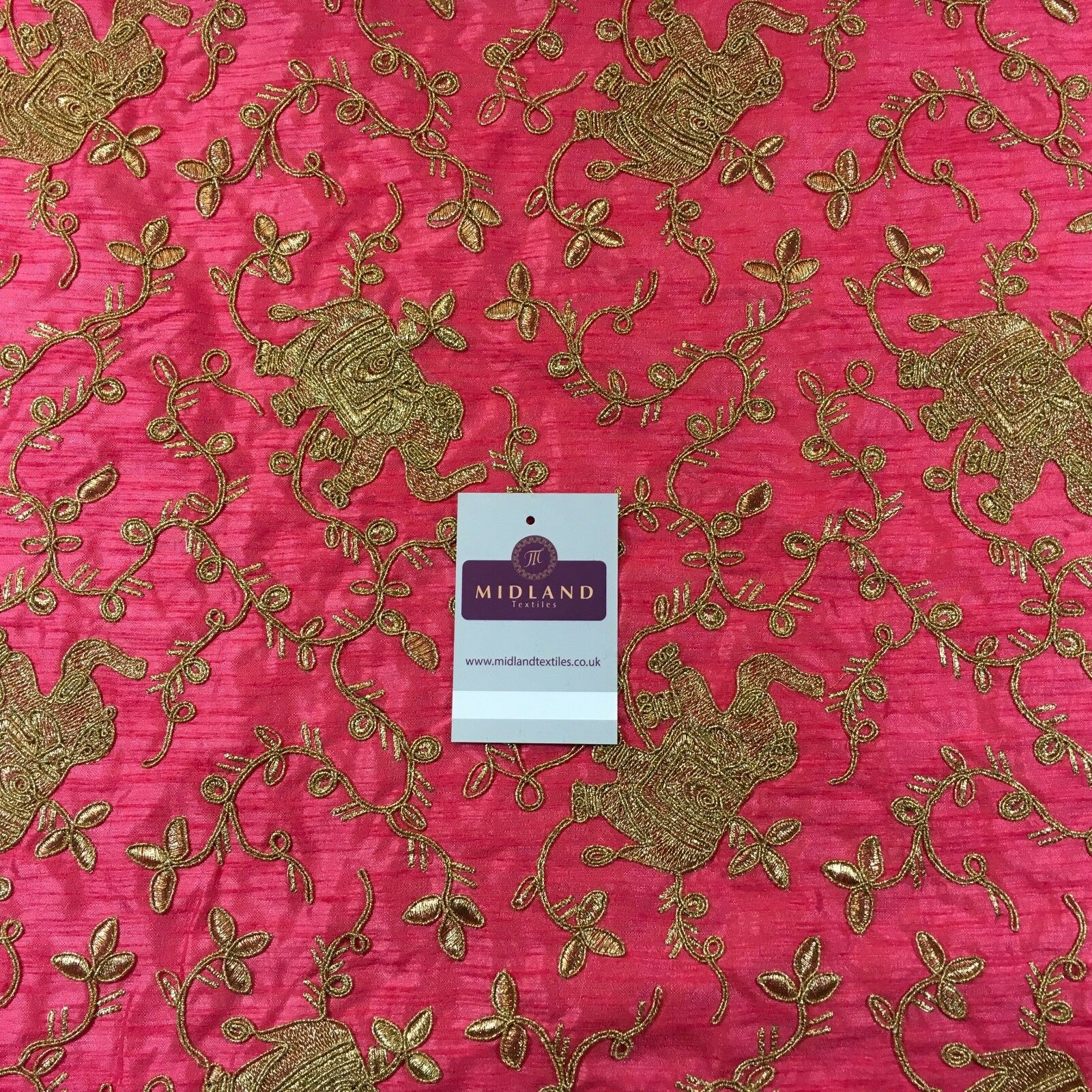 Golden thread Embroidered Elephant Faux Raw Silk dupion fabric 42' M736 Mtex