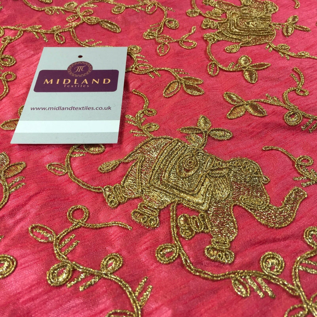 Golden thread Embroidered Elephant Faux Raw Silk dupion fabric 42