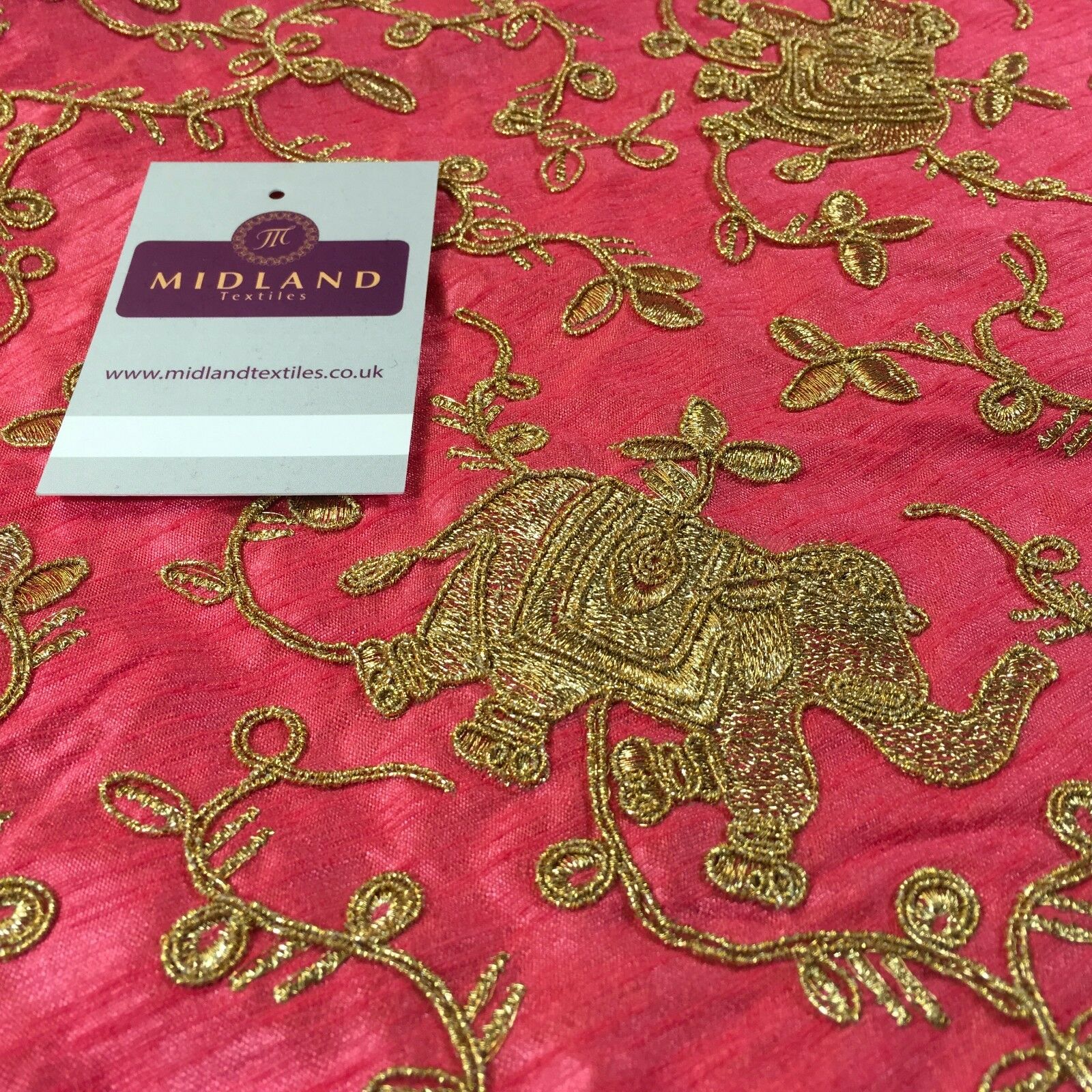 Golden thread Embroidered Elephant Faux Raw Silk dupion fabric 42' M736 Mtex