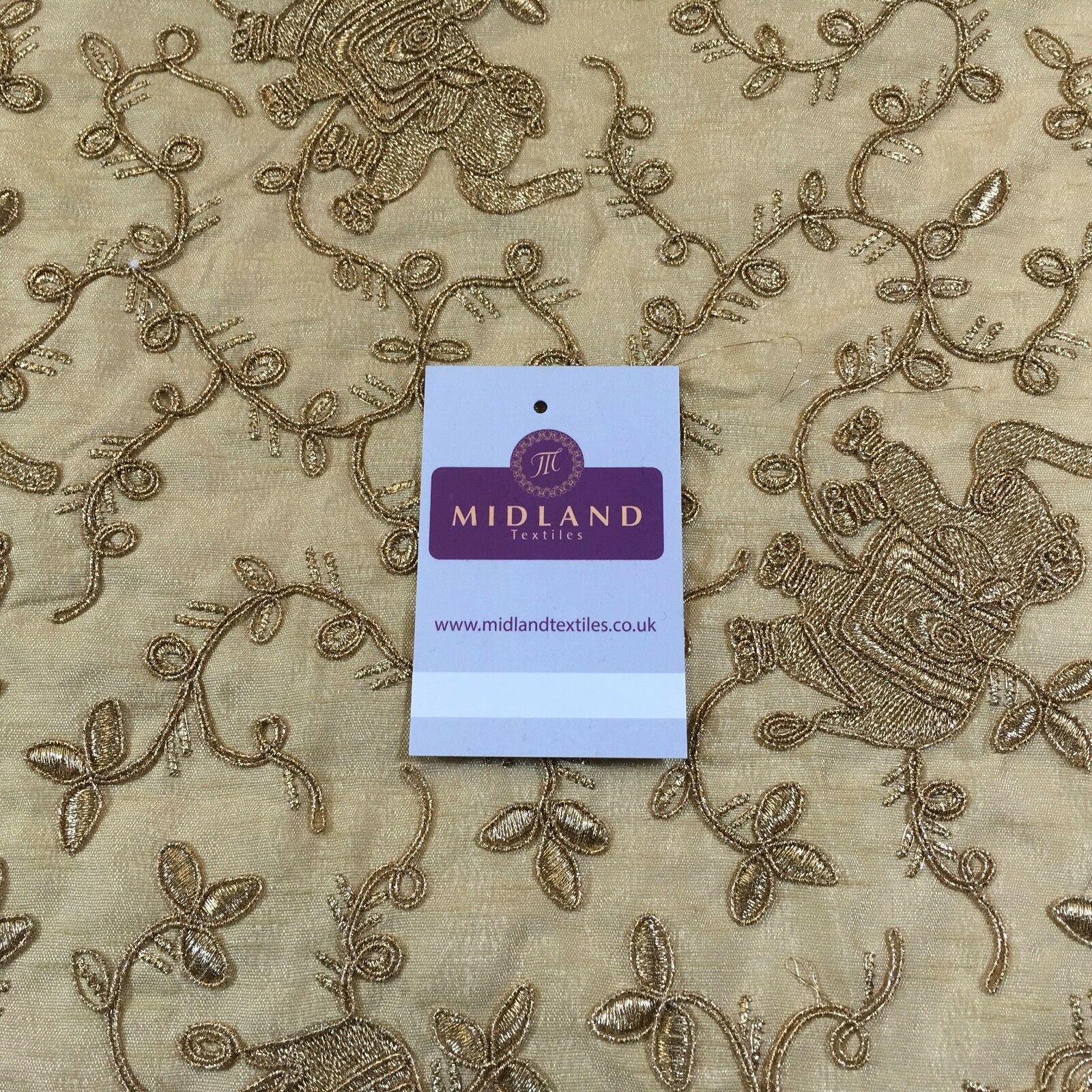 Golden thread Embroidered Elephant Faux Raw Silk dupion fabric 42' M736 Mtex