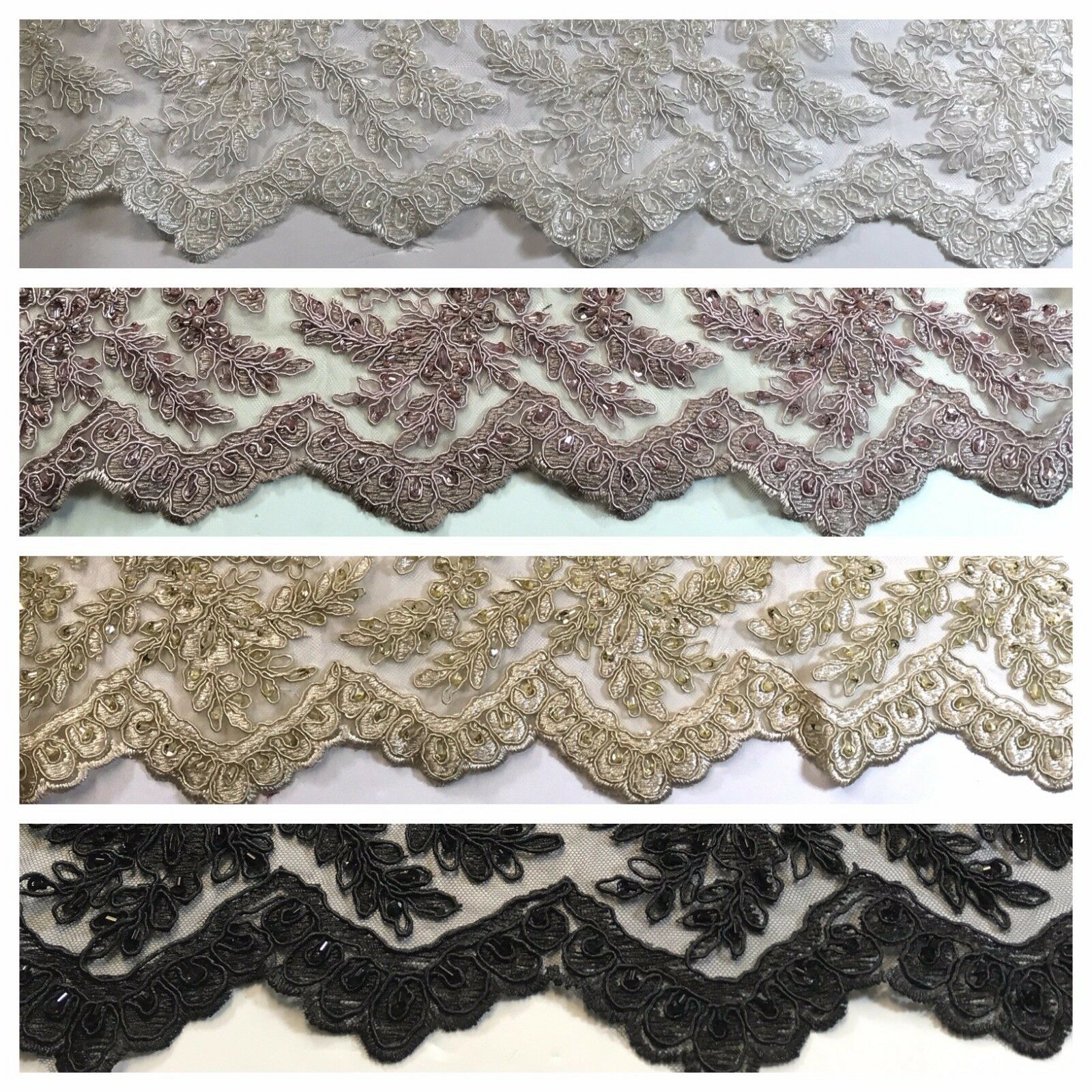 Floral Embellished with beads Scalloped Edged net dress fabric 58' M780 Mtex