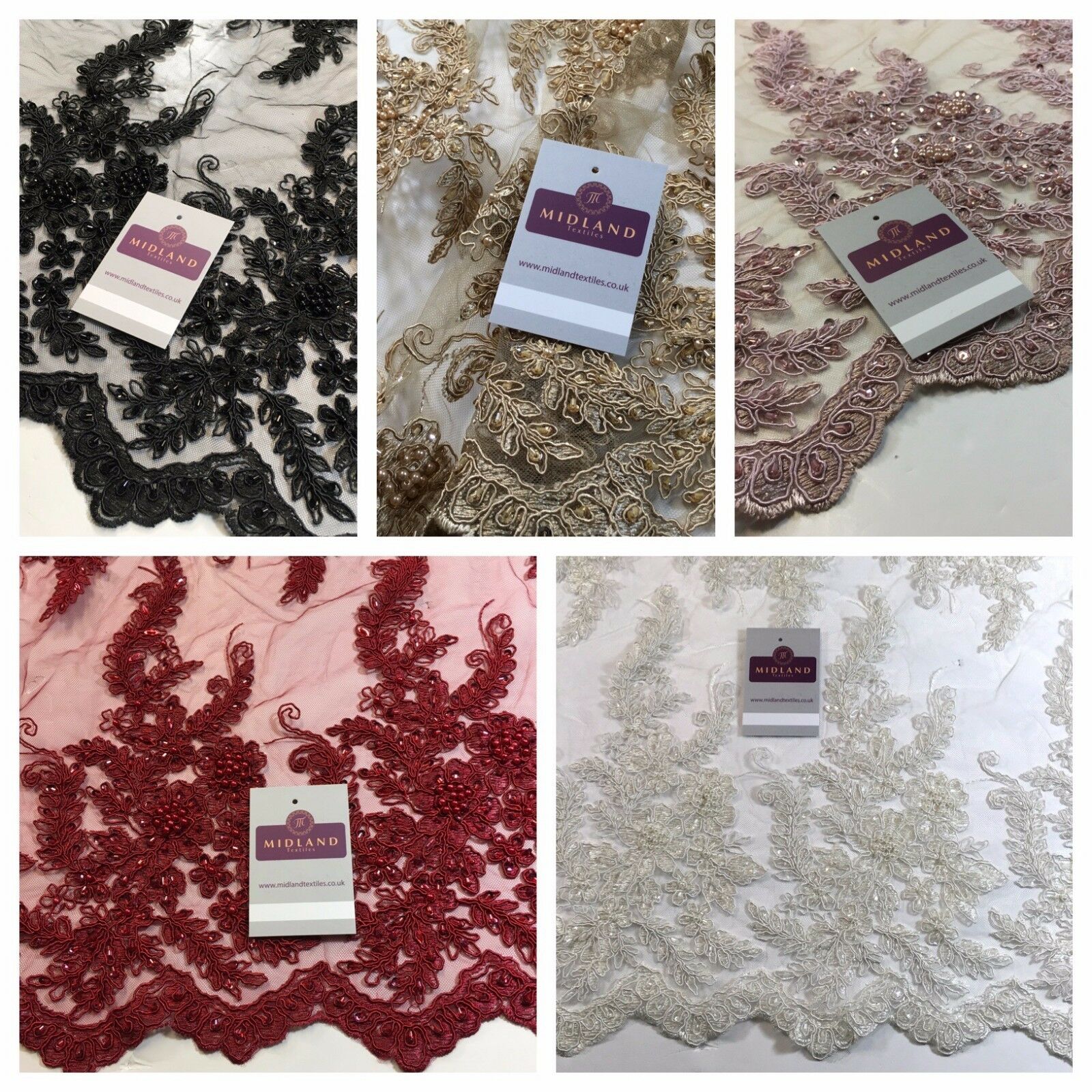 Floral Embellished with beads Scalloped Edged net dress fabric 58' M780 Mtex