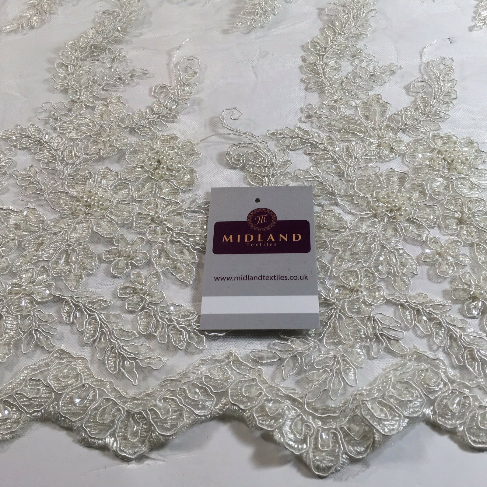 Floral Embellished with beads Scalloped Edged net dress fabric 58' M780 Mtex