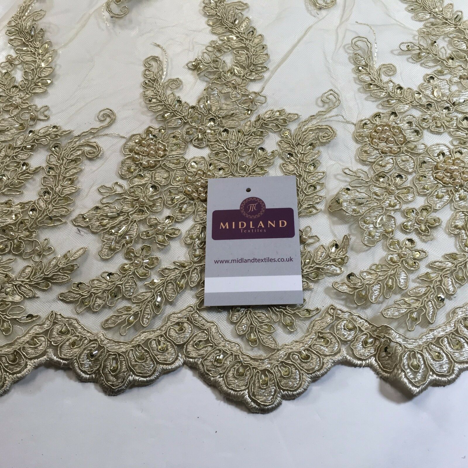 Floral Embellished with beads Scalloped Edged net dress fabric 58' M780 Mtex