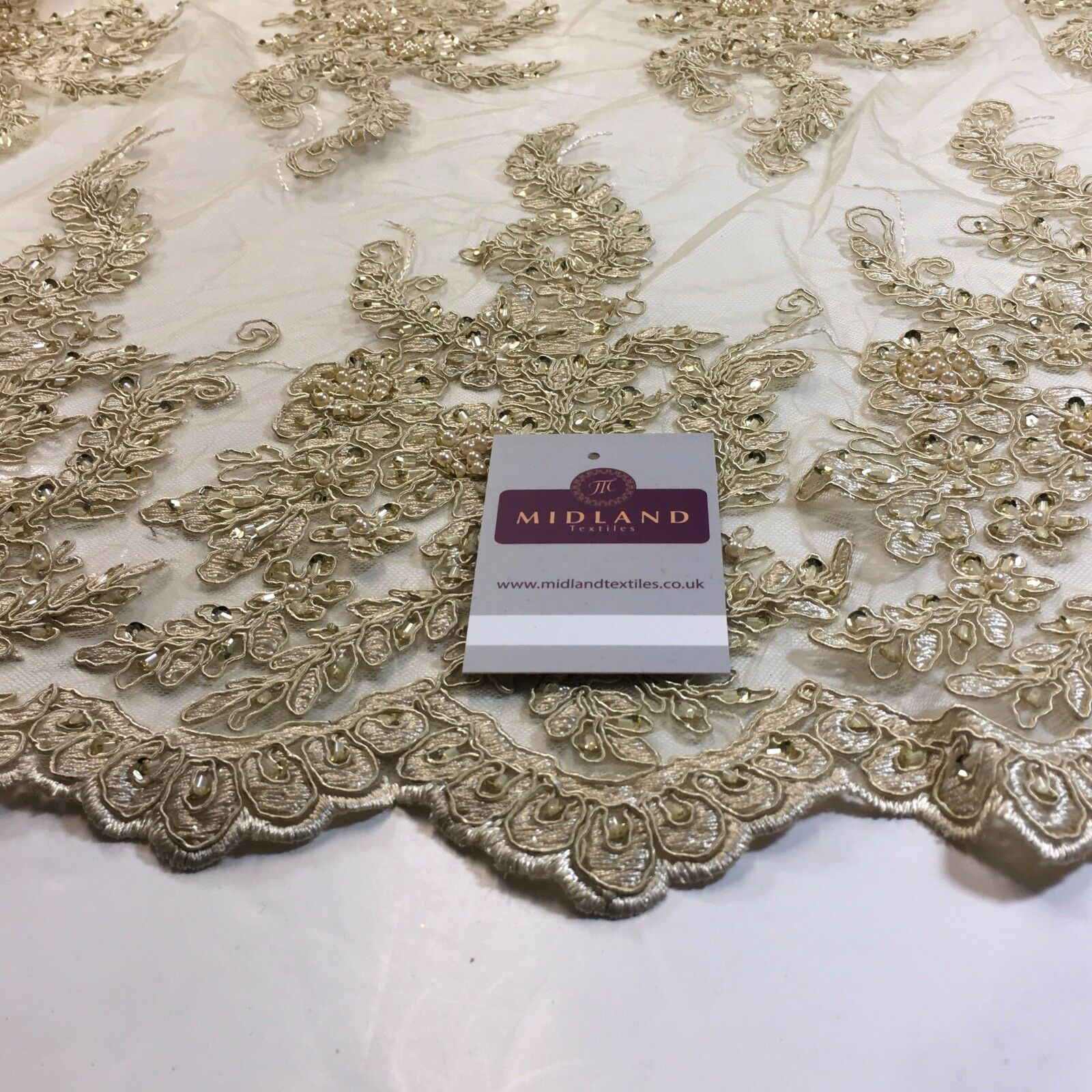 Floral Embellished with beads Scalloped Edged net dress fabric 58' M780 Mtex