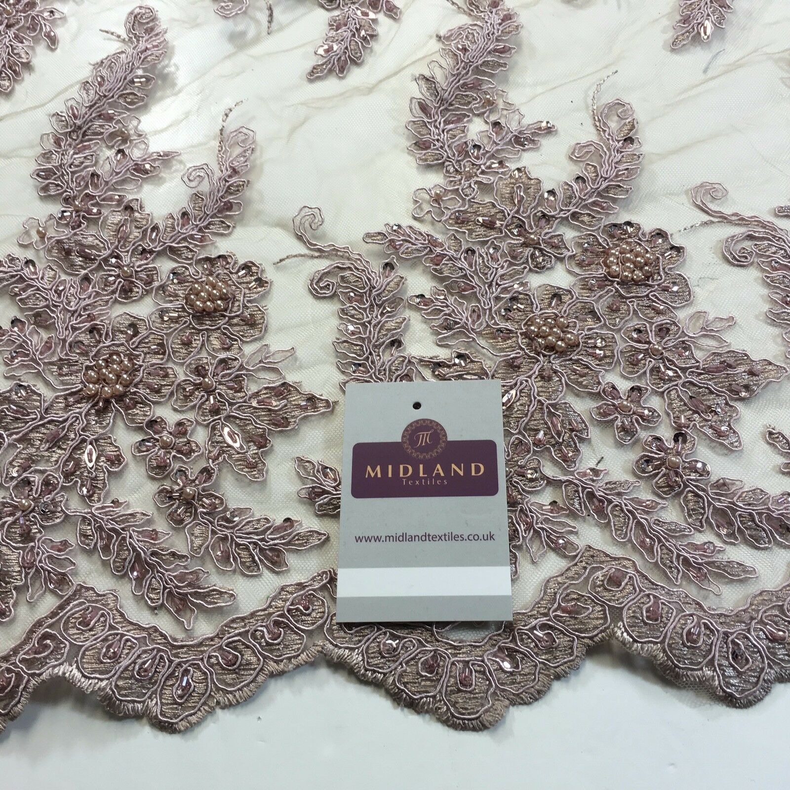 Floral Embellished with beads Scalloped Edged net dress fabric 58' M780 Mtex