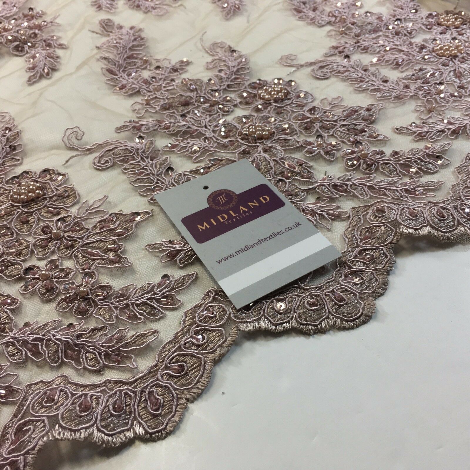 Floral Embellished with beads Scalloped Edged net dress fabric 58' M780 Mtex