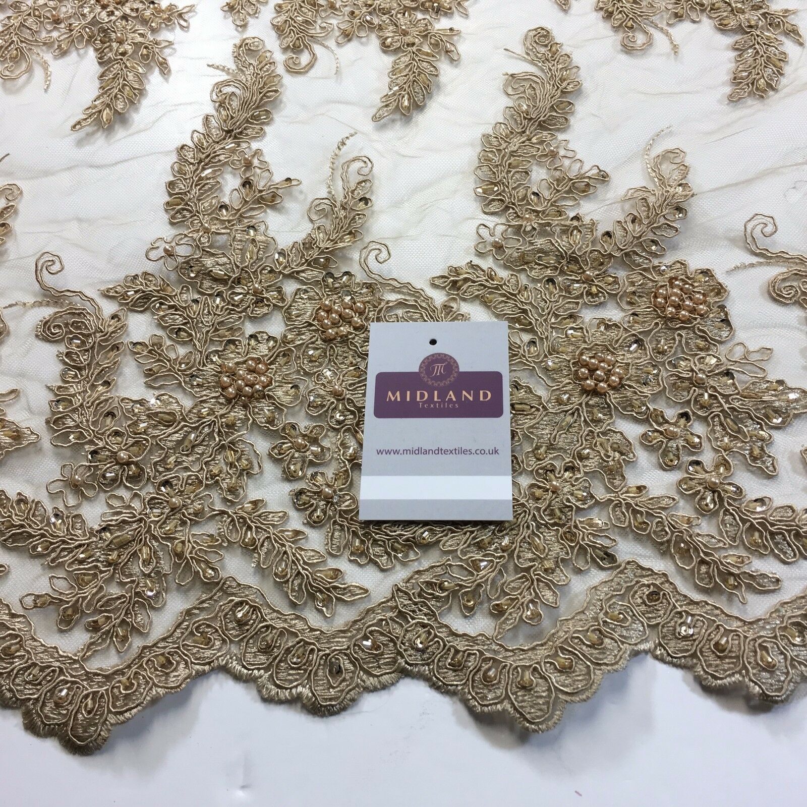 Floral Embellished with beads Scalloped Edged net dress fabric 58' M780 Mtex