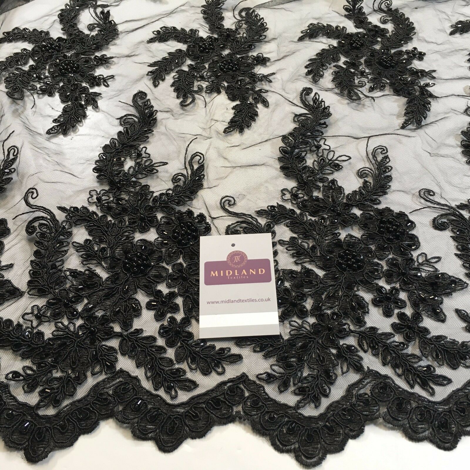 Floral Embellished with beads Scalloped Edged net dress fabric 58' M780 Mtex