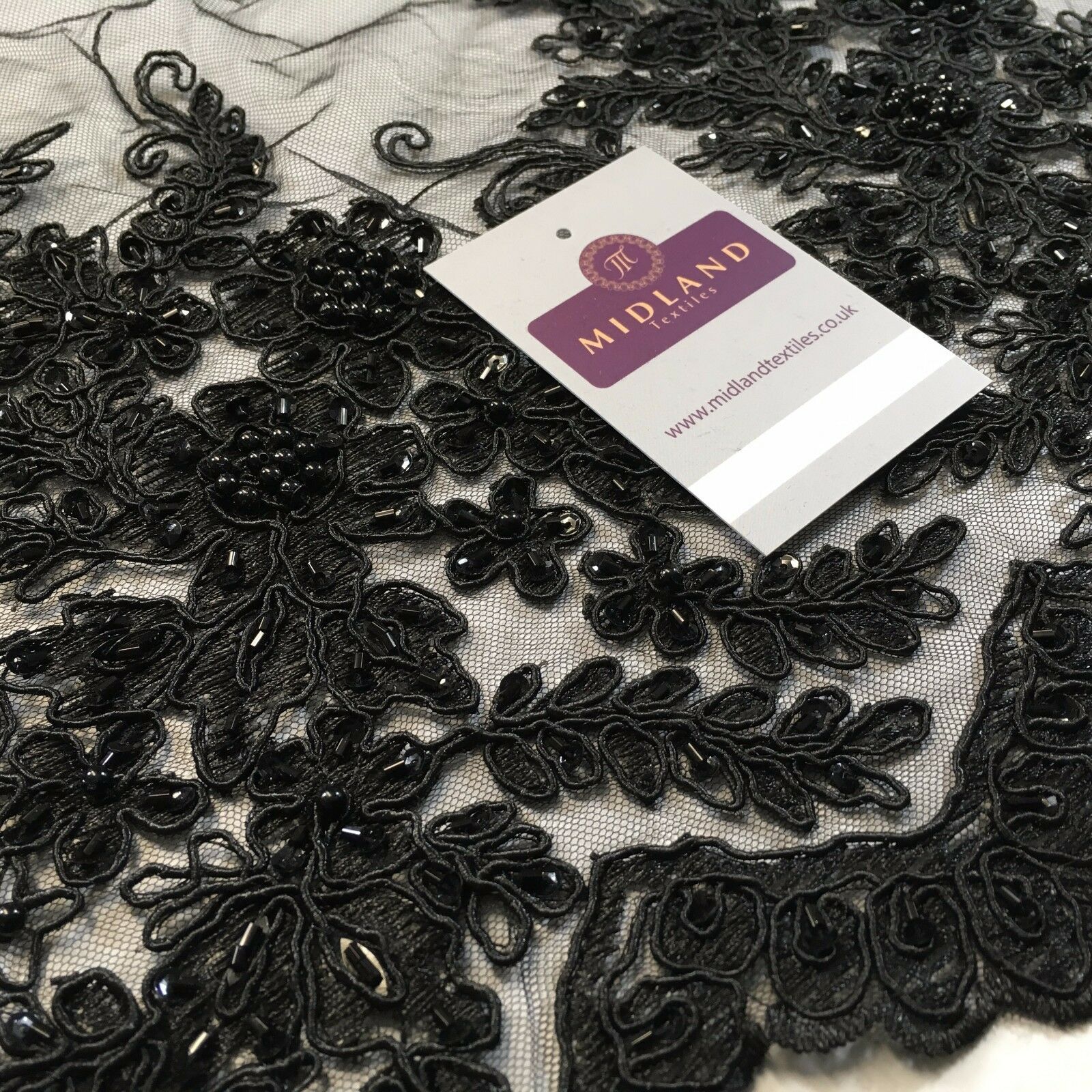 Floral Embellished with beads Scalloped Edged net dress fabric 58' M780 Mtex