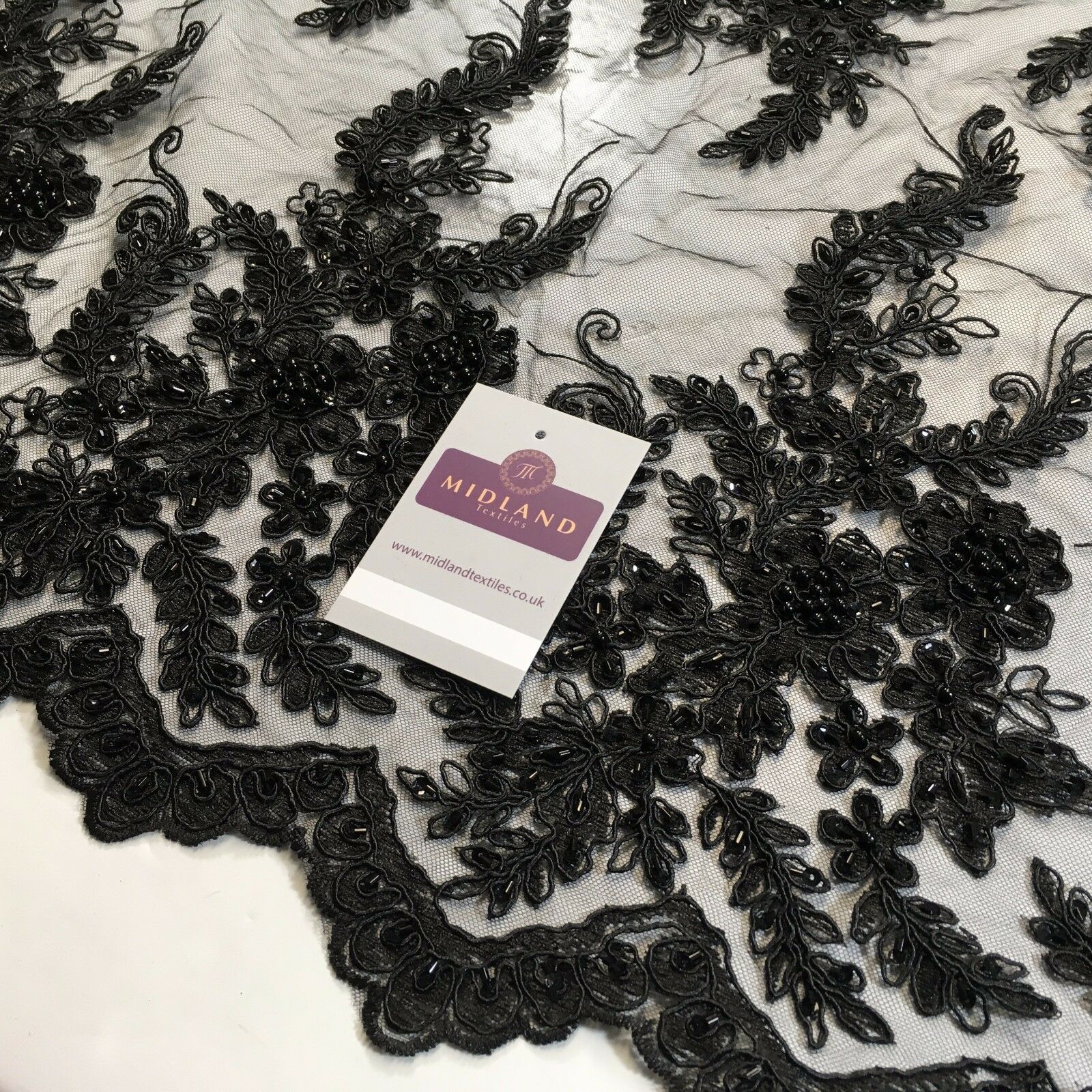 Floral Embellished with beads Scalloped Edged net dress fabric 58' M780 Mtex