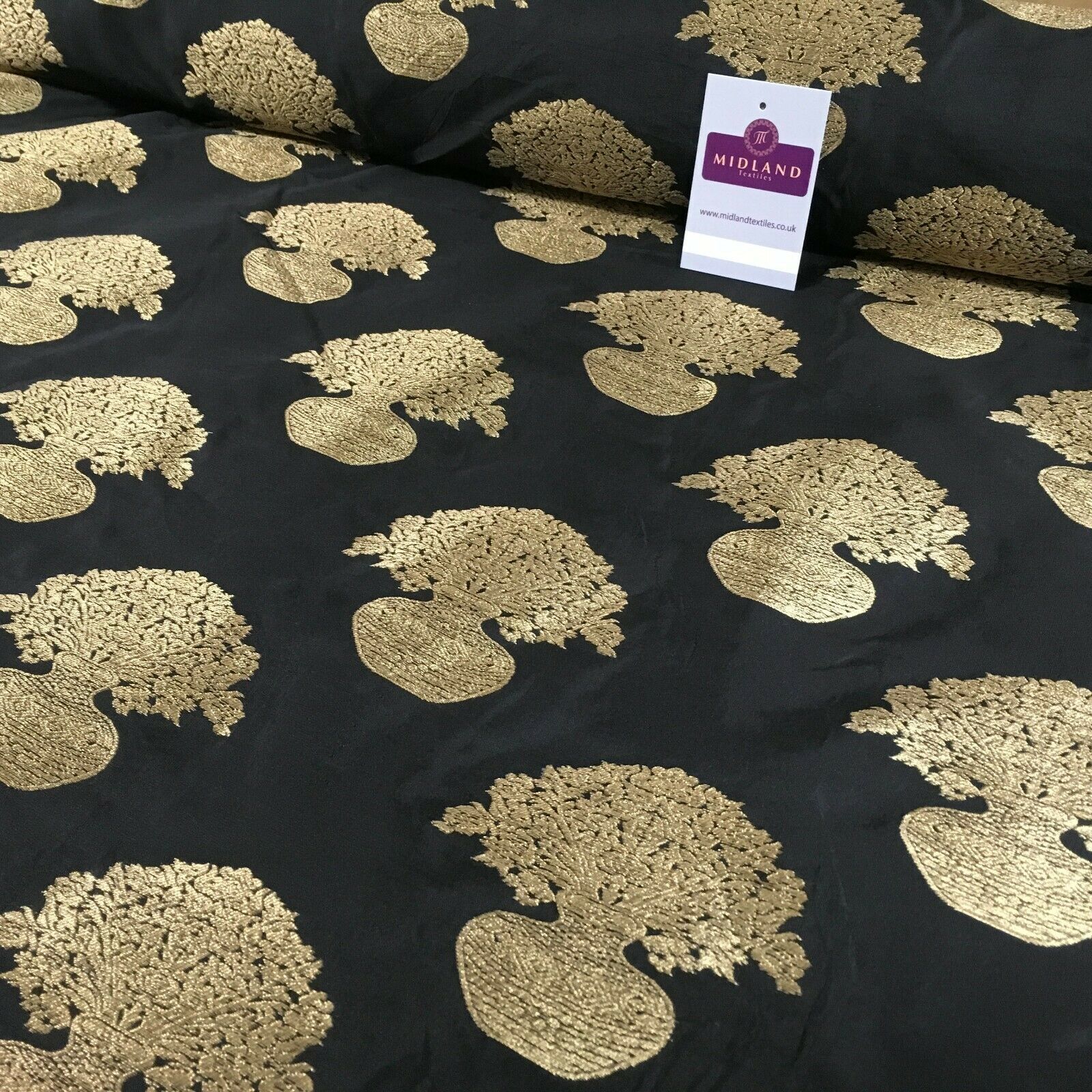 Indian gold Flower pot Banarsi Brocade waistcoat fabric 110 cm Wide MN1101 Mtex