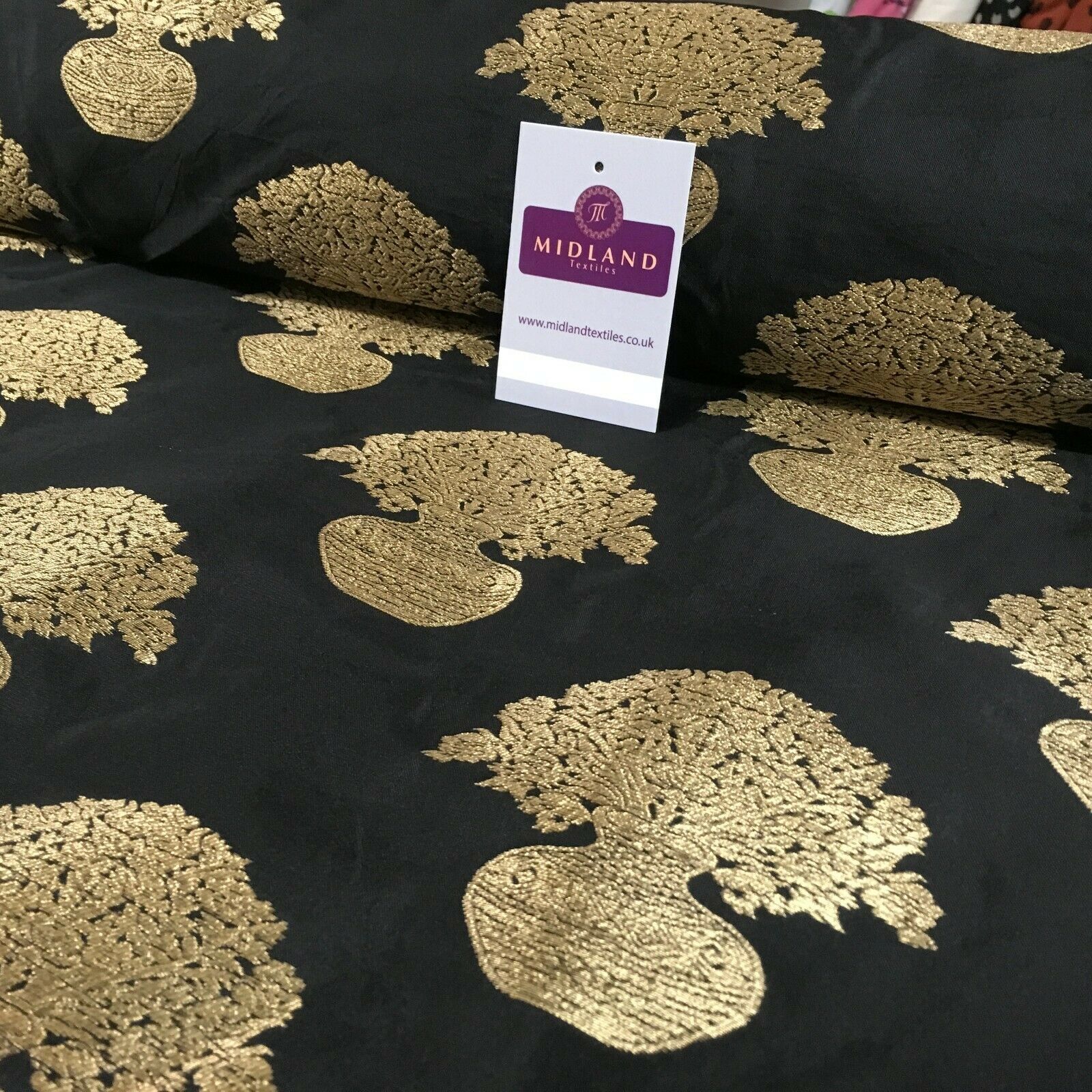 Indian gold Flower pot Banarsi Brocade waistcoat fabric 110 cm Wide MN1101 Mtex