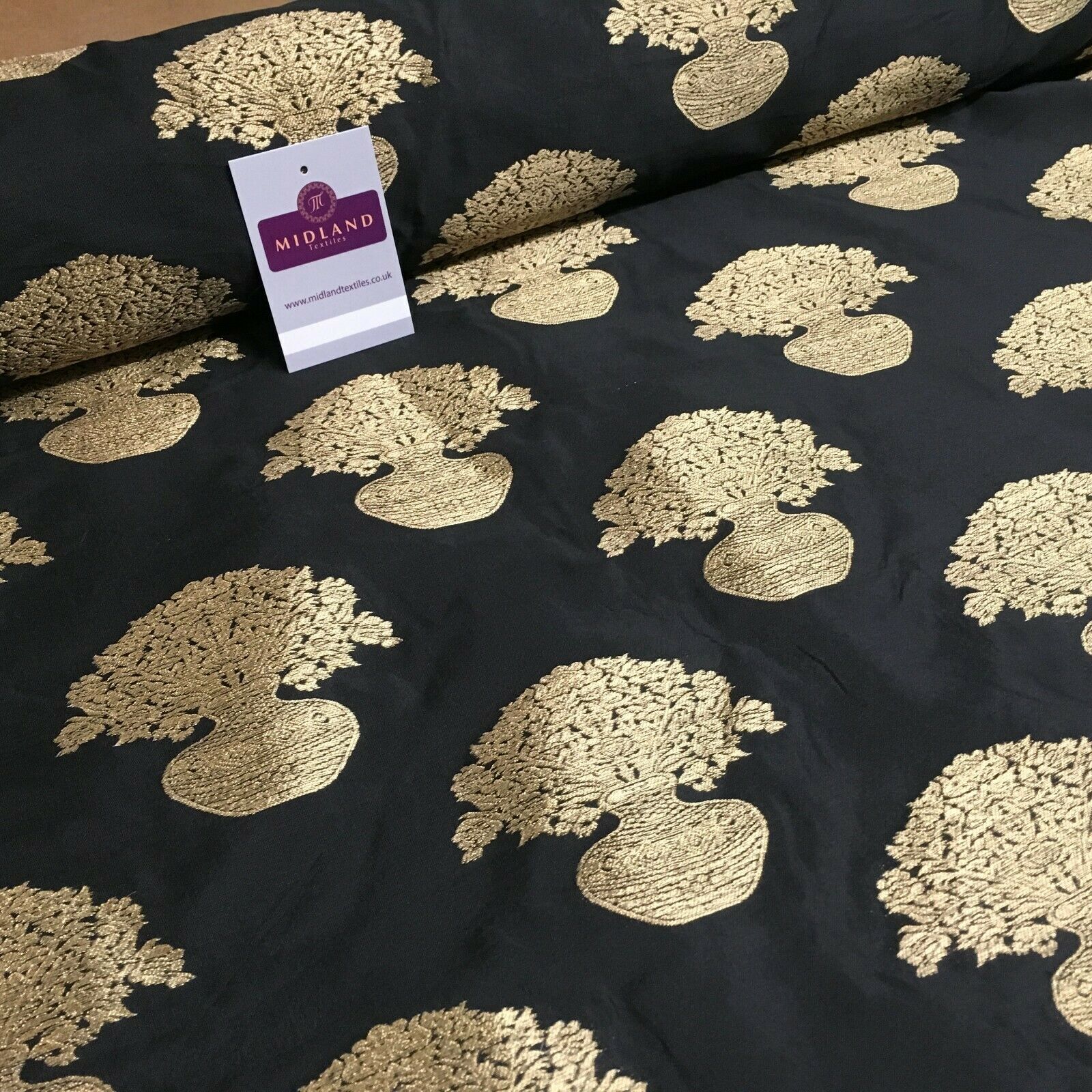 Indian gold Flower pot Banarsi Brocade waistcoat fabric 110 cm Wide MN1101 Mtex