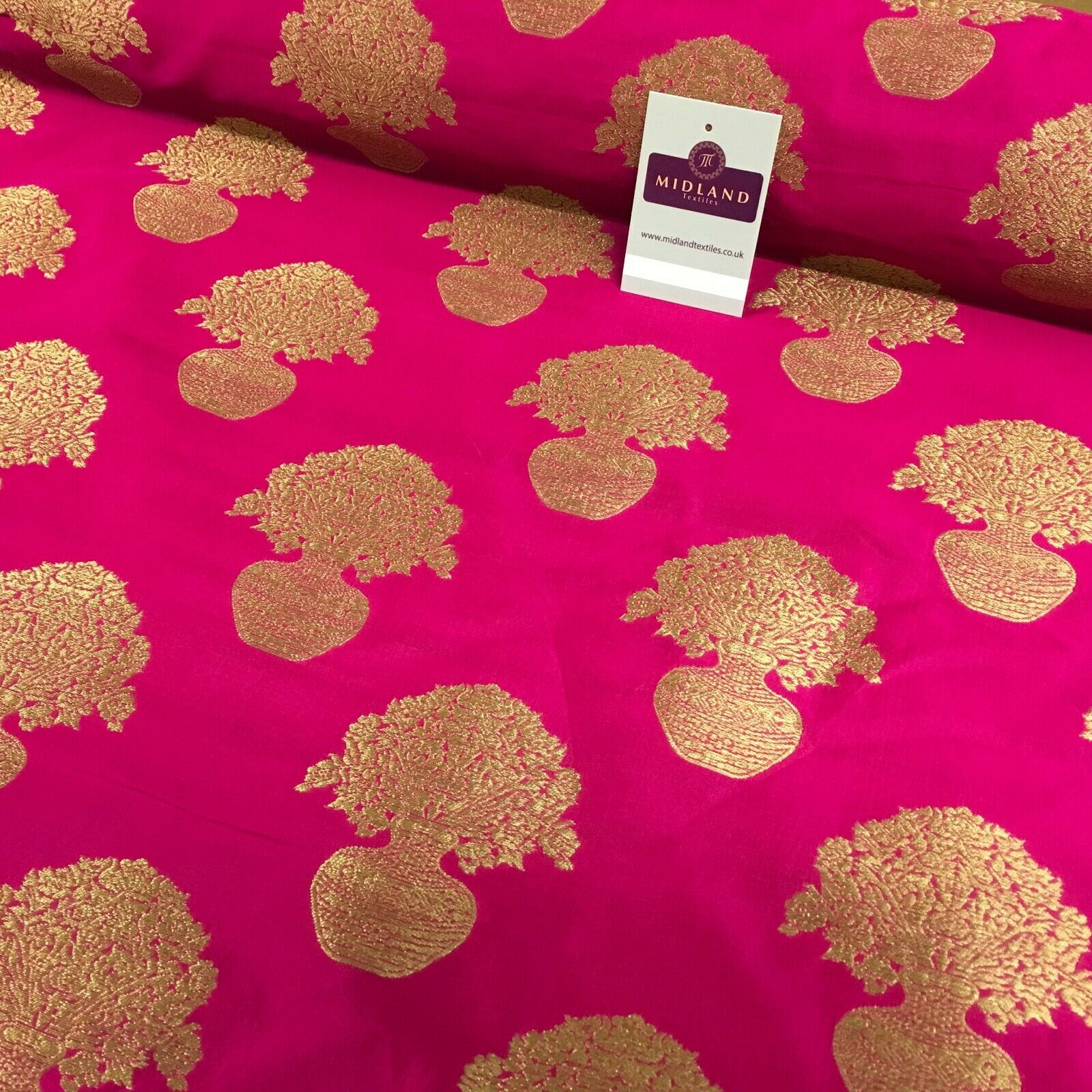 Indian gold Flower pot Banarsi Brocade waistcoat fabric 110 cm Wide MN1101 Mtex