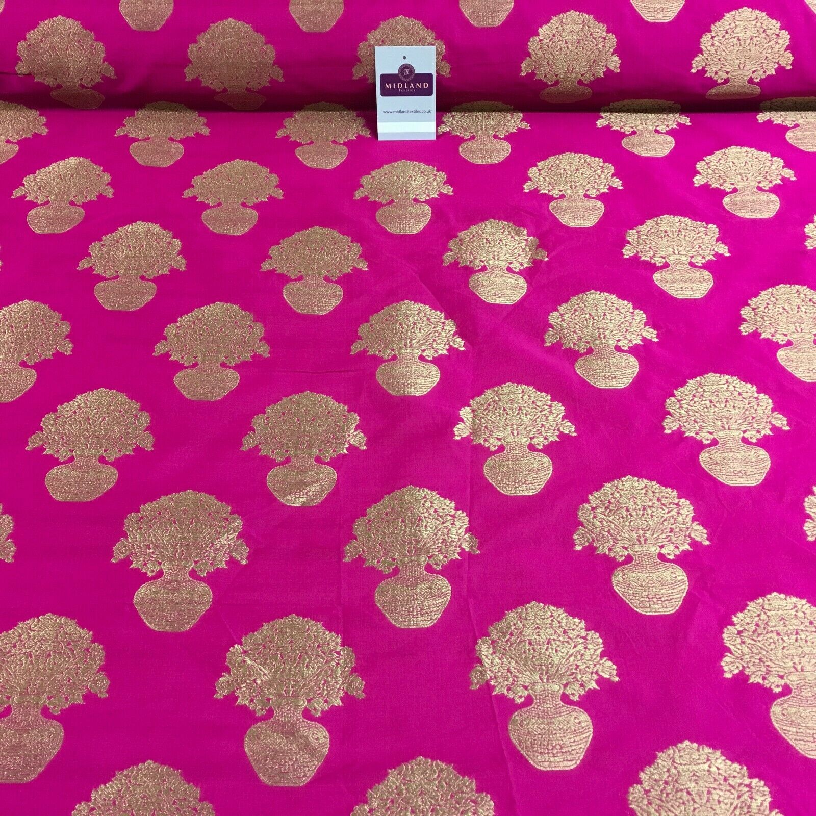 Indian gold Flower pot Banarsi Brocade waistcoat fabric 110 cm Wide MN1101 Mtex